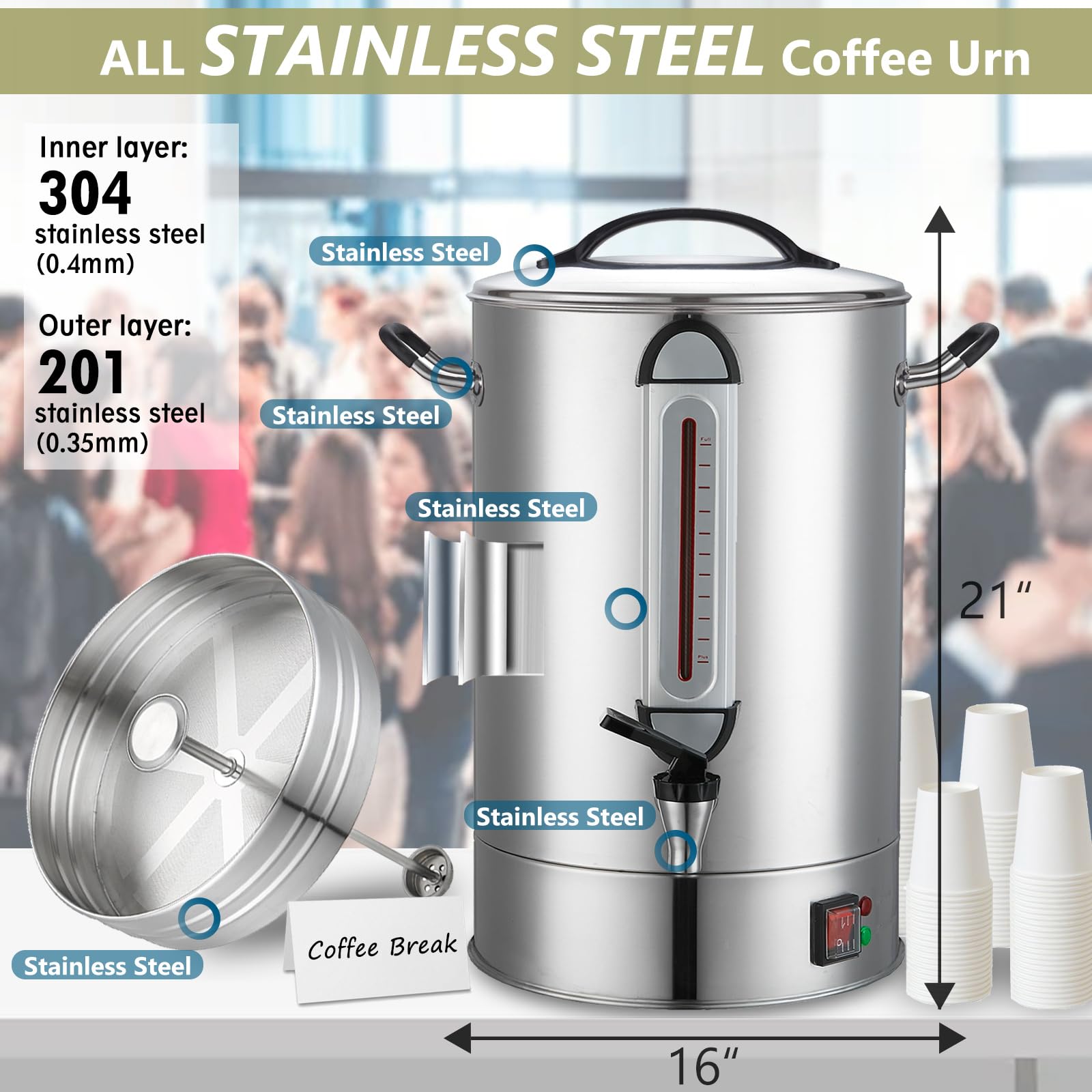 Commercial Grade 24L (160 Cup) Stainless Steel Coffee Urn - Fast Brewing Hot Water Dispenser for Large Events, Catering, Meetings, Churches & Schools - Durable Stainless Steel Construction for Office Breakrooms, Weddings, Banquets and Cafeterias