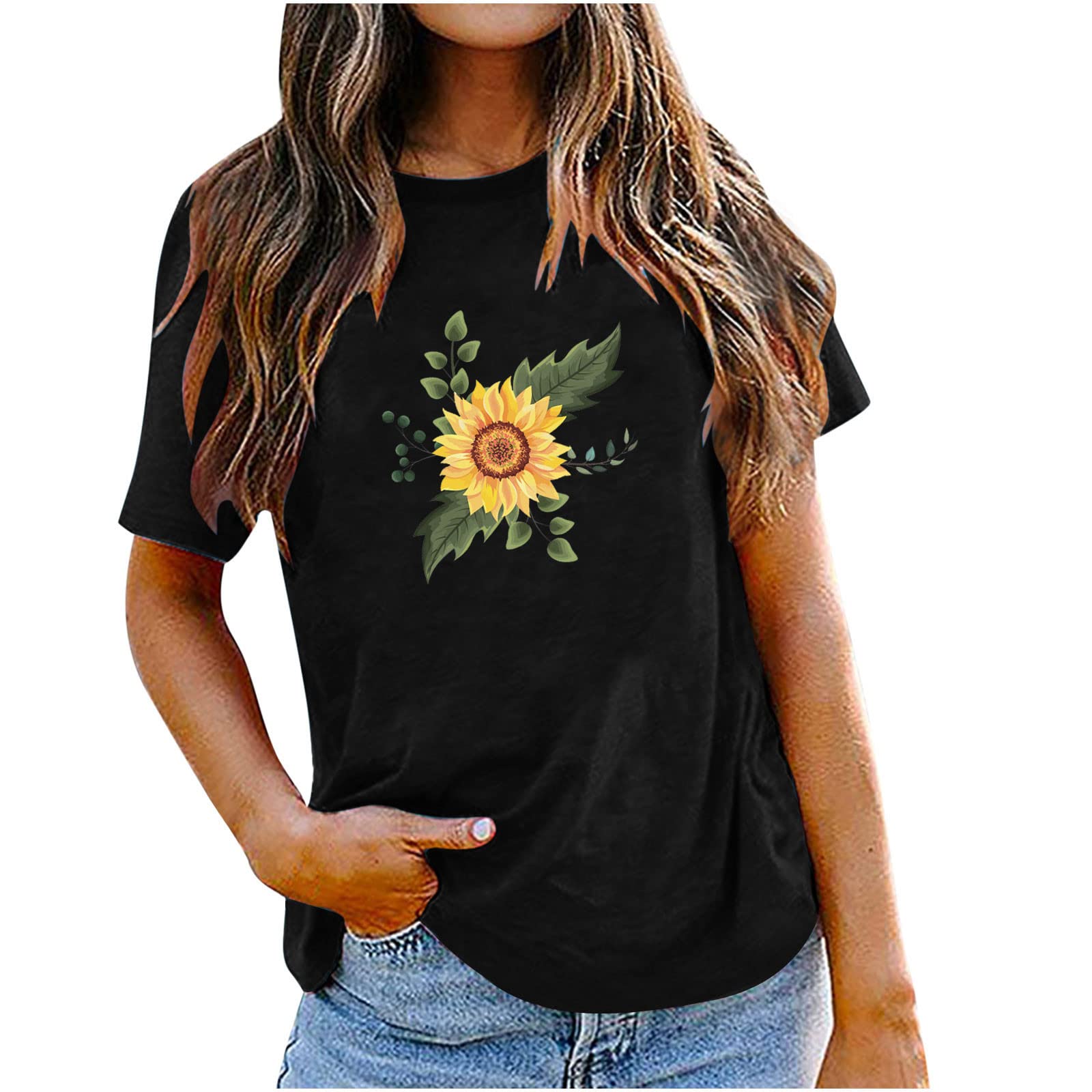 Trendy Women's Short Sleeve Crewneck T-Shirt with Sunflower Floral Graphic - Casual Summer Top for Outings, Dates & Beach Wear
