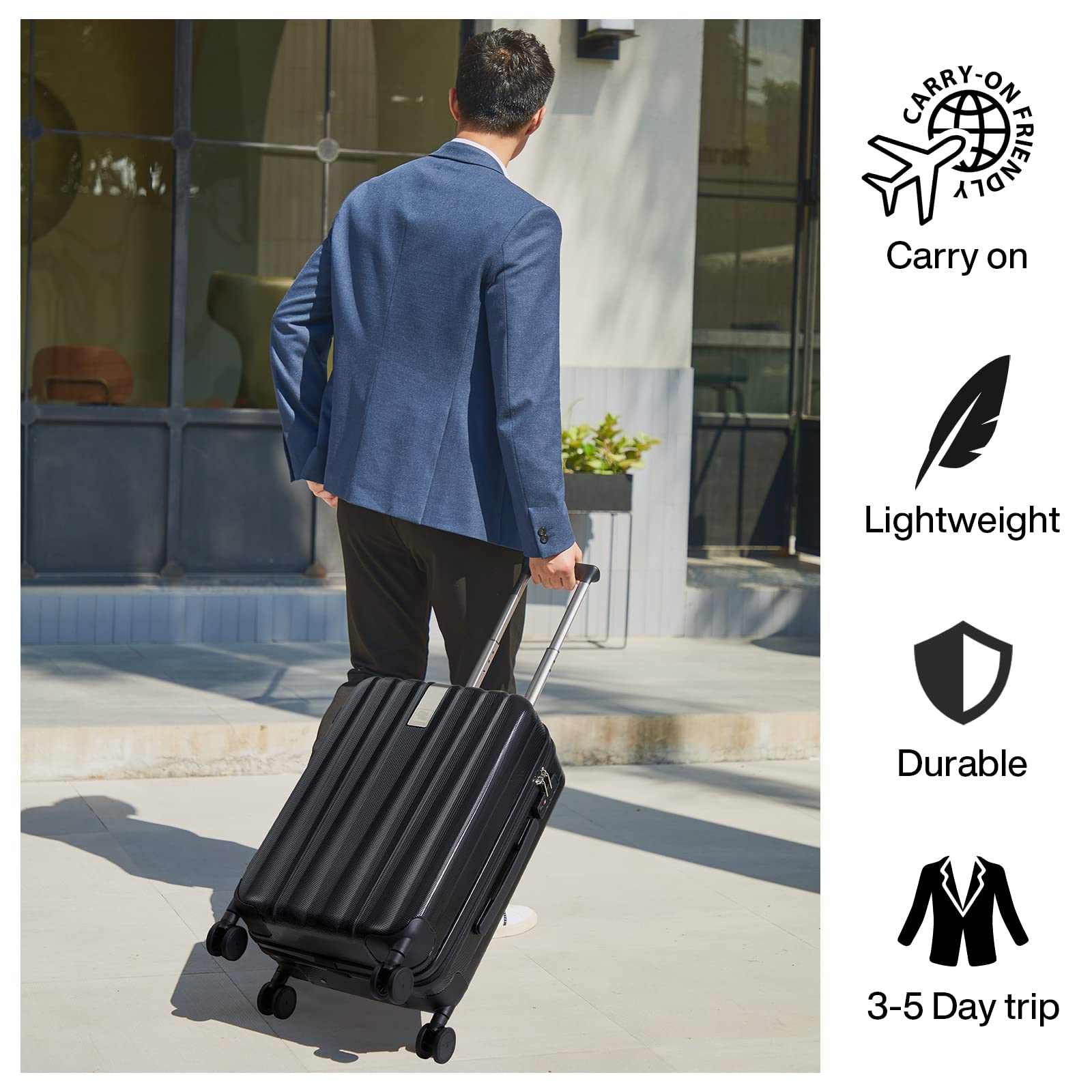 Hanke 20 Inch Carry On Luggage - Airline Approved Lightweight PC Hard Shell Suitcase with 360° Spinner Wheels, 22x14x9 Inch Weekender Travel Bag (Jet Black) - Perfect for Business Trips, Weekend Getaways & Air Travel