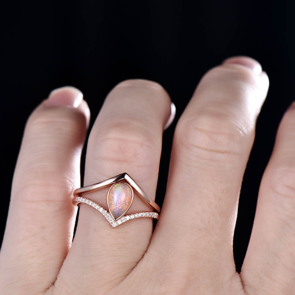 Natural Pink Opal Engagement Ring Set in 14K/18K Gold - Dainty Plain Band for Women, Wedding, Proposal & Anniversary Jewelry Gift