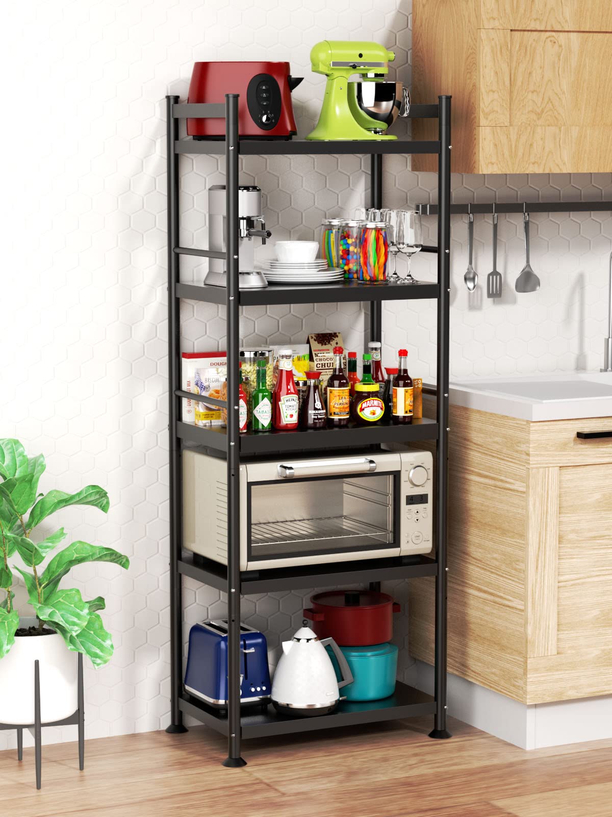 iBune 5-Tier Heavy Duty Metal Baker's Rack with Wheels - Adjustable Kitchen Storage Shelf for Pantry, Living Room & Office (23.6