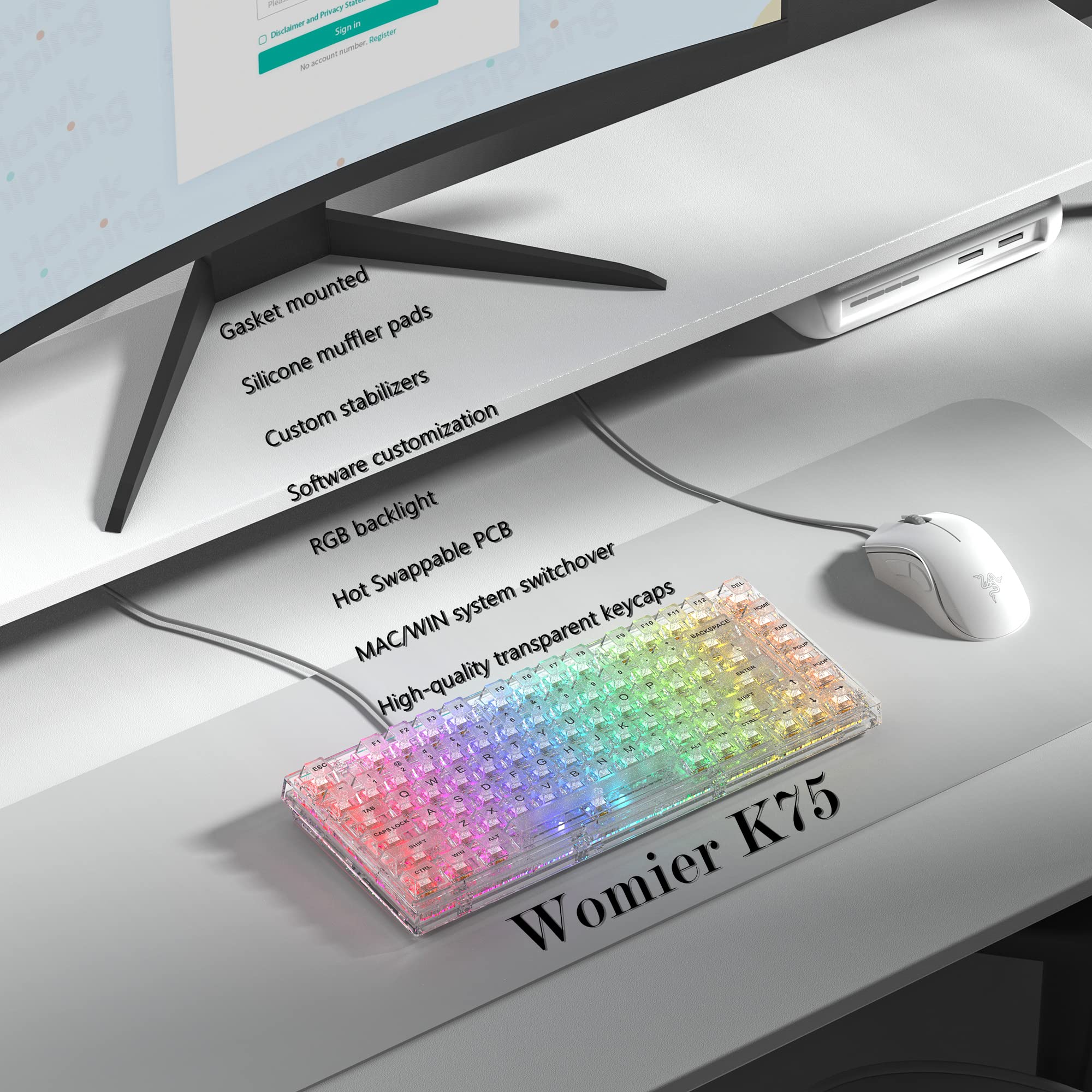 Womier K75 75% Mechanical Gaming Keyboard - Gasket Mount, 82 Keys, RGB Backlit, Hot Swappable, Pre-Lubed Switches, Wired USB for Windows/Mac (White) | Compact Design for Esports, Office & Home Use