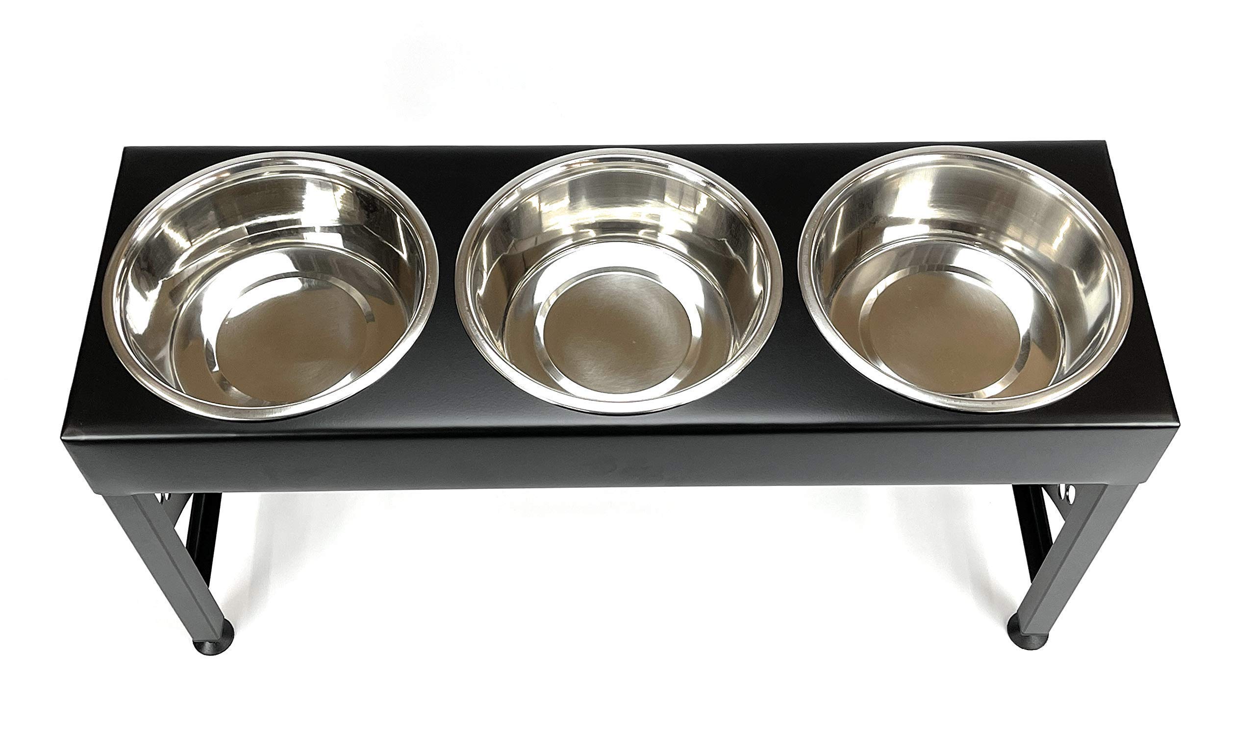 3 Bowl Dog Feeder Station - Triple 3 Quart Stainless Steel Bowls, 16 Inch Tall, Made in USA - Perfect for Multi-Pet Homes and Outdoor Feeding