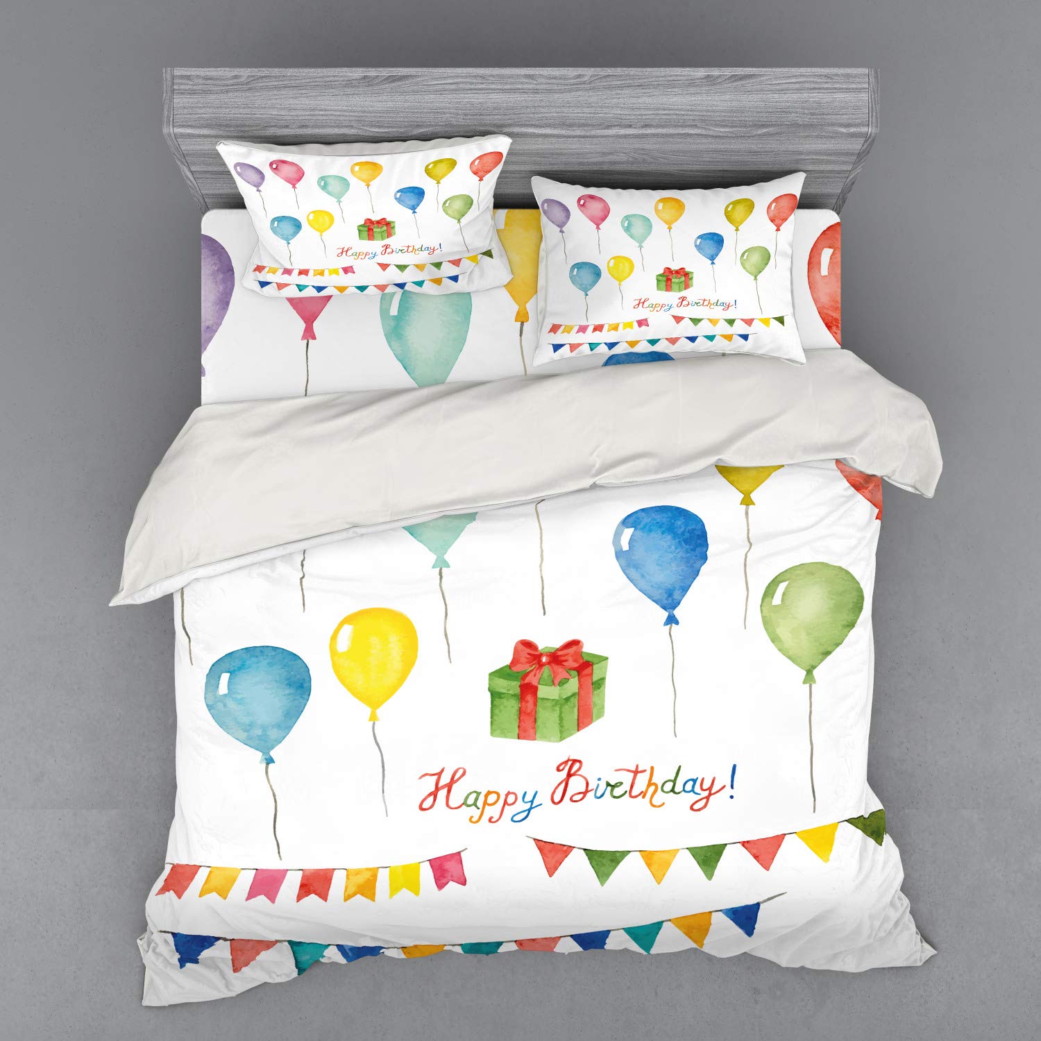 Ambesonne Watercolor Birthday Bedding Set - 4 Piece King Size Duvet Cover with Shams & Fitted Sheet - Celebration Flags, Balloons & Best Wishes Design - Perfect for Birthday Parties, Surprise Gifts & Bedroom Decor