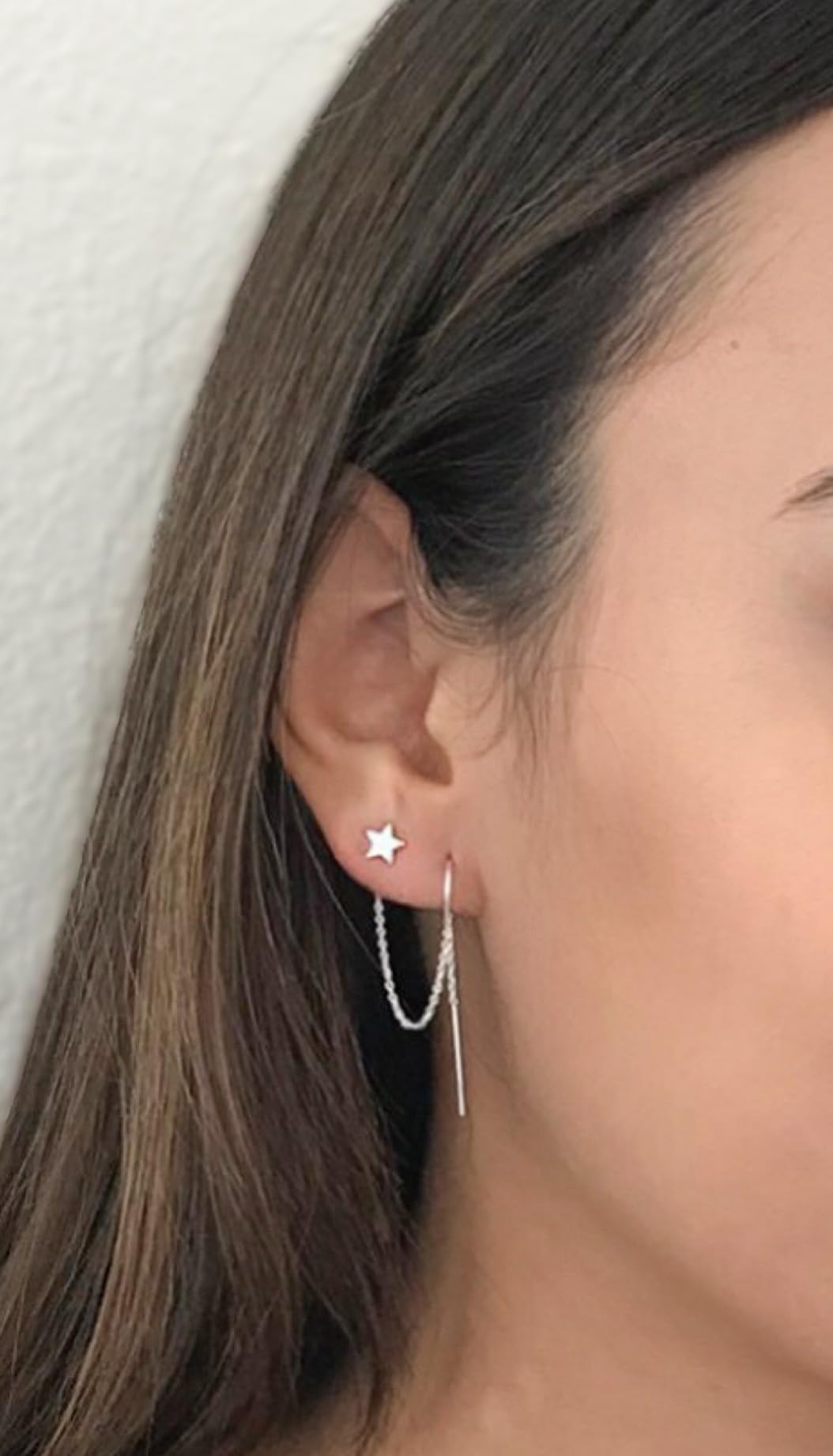 Double Piercing Earrings for Women - 14K Gold Filled Sterling Silver 2 Hole Threader Earrings Set with Star & Moon Charm | Trendy Chain Earrings for Double Piercings | Perfect for Layered Looks, Date Nights & Special Occasions