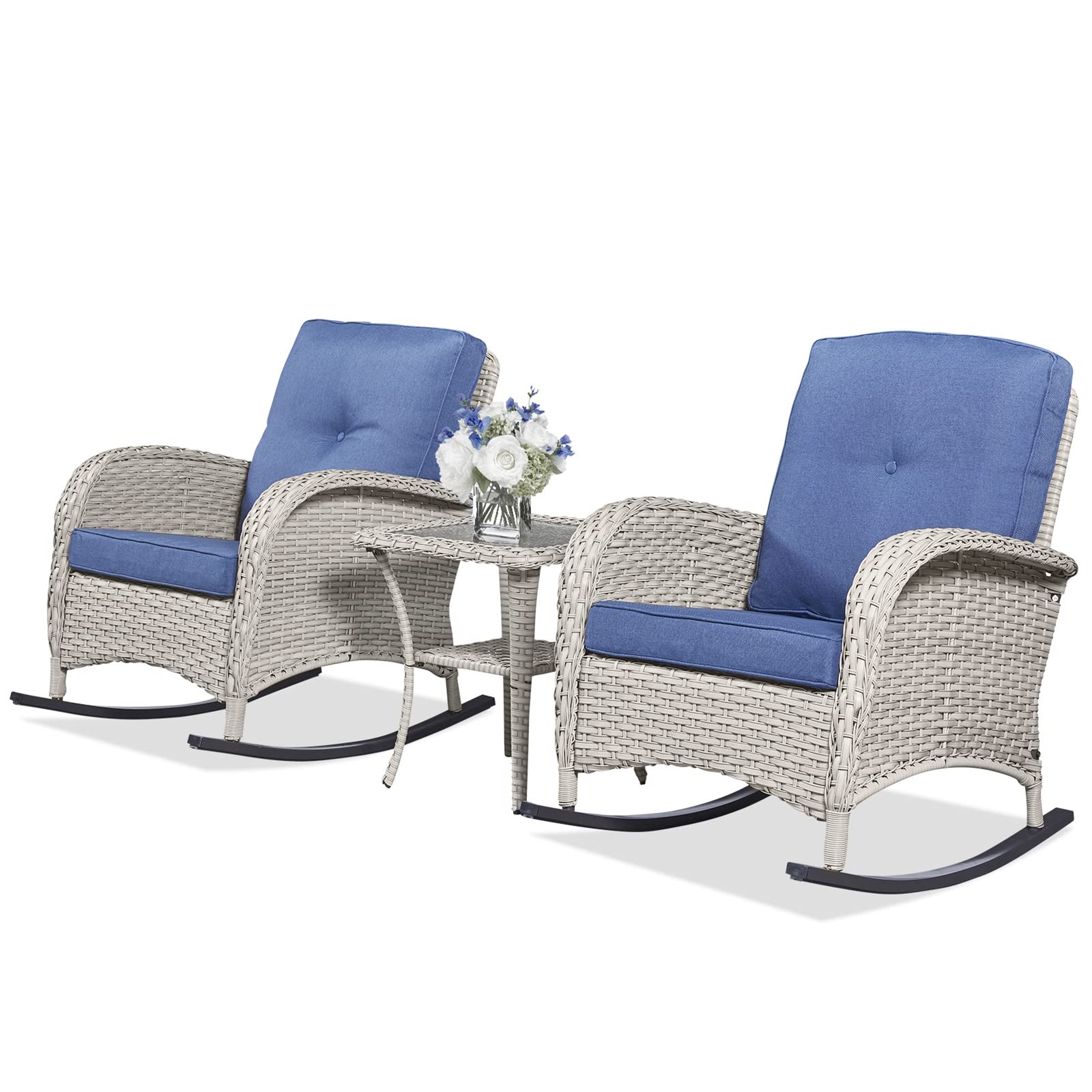 2-Piece Wicker Rocking Chair Set for Porch & Patio - Outdoor Rocking Chairs with Cushions & Side Table | Perfect for Backyard Relaxation, Garden Lounging & Front Porch Sitting