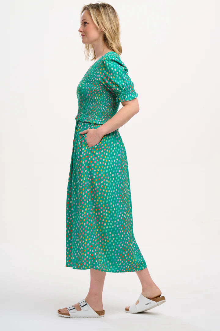 Bettina Shirred Midi Dress - Green Rainbow Pebbles Print Flowy Summer Dress for Women | Perfect for Beach Vacations, Date Nights & Casual Outings