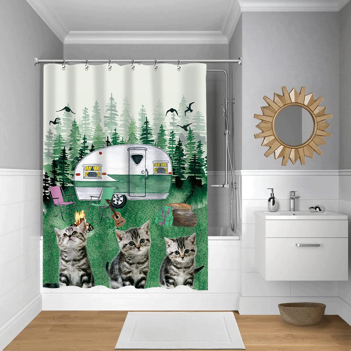 Adorable Cat Camper RV Shower Curtain Liner 47x64 Inches - Pine Tree Forest Design for Travel Trailers - Waterproof Fabric Bathroom Curtain Set for Kids & Pets - Perfect for Camping, RVs and Small Bathrooms
