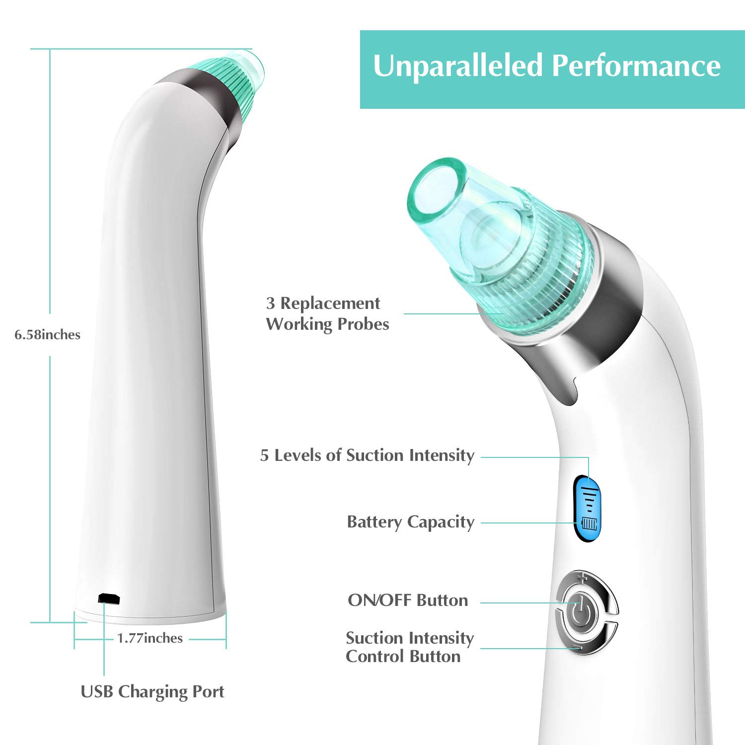 USB Rechargeable Blackhead Remover Vacuum - 5-Level Adjustable Pore Cleaner with 4 Replacement Probes for Acne & Comedone Extraction | Perfect for Home Skincare Routine & Facial Treatment