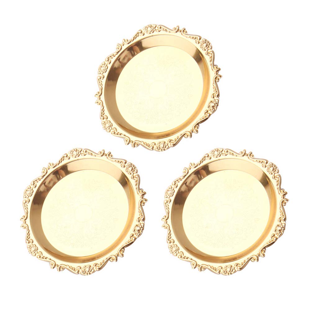Cabilock 3-Piece European Plated Cake & Fruit Tray Set - Gold Metal Snack Plates (10cm Diameter) for Home Decor, Party Serving, Pastry Display & Dessert Presentation