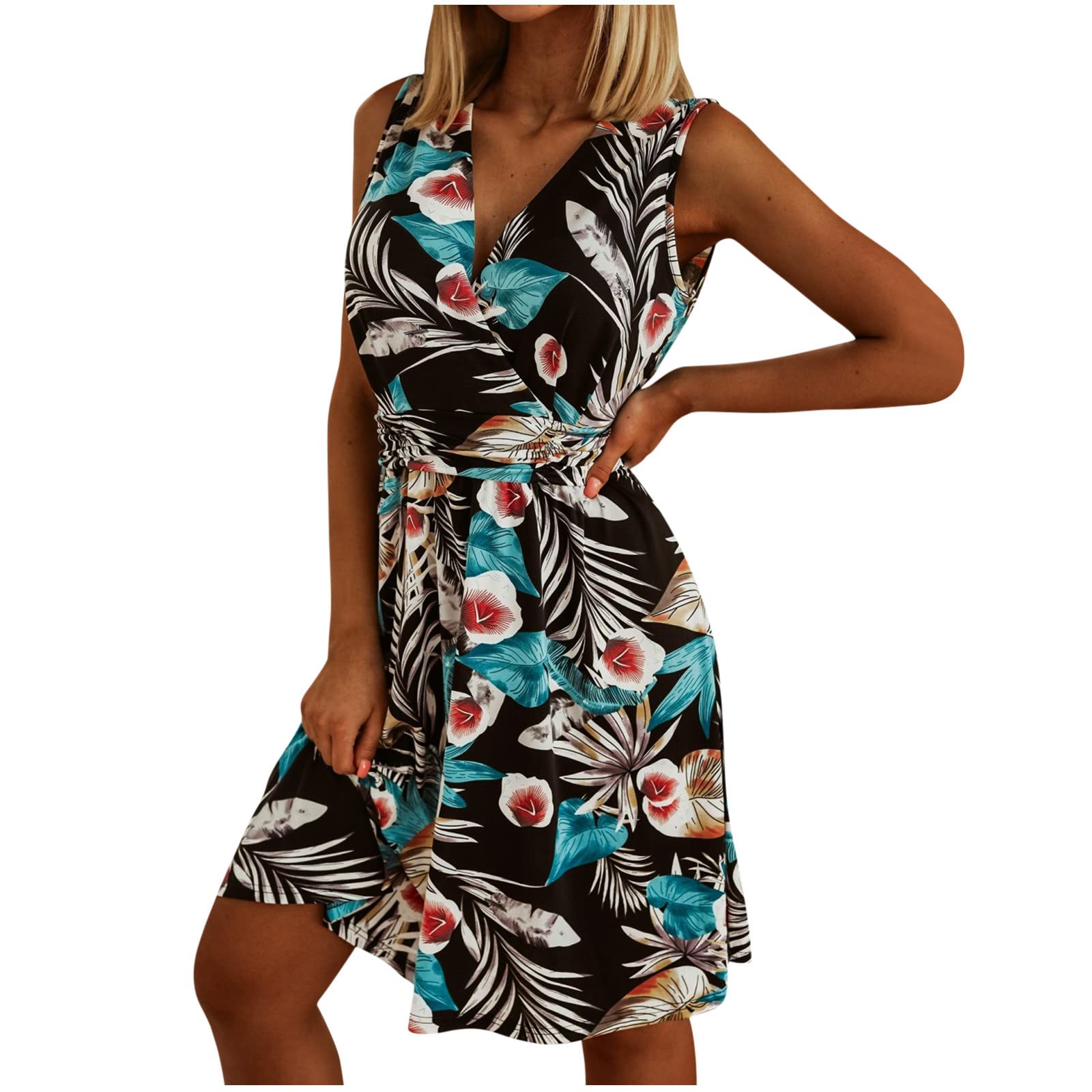 Women's Floral Wrap Dress Sleeveless V-Neck High Waist Midi Dress for Summer Beach Vacation, Party, and Casual Wear