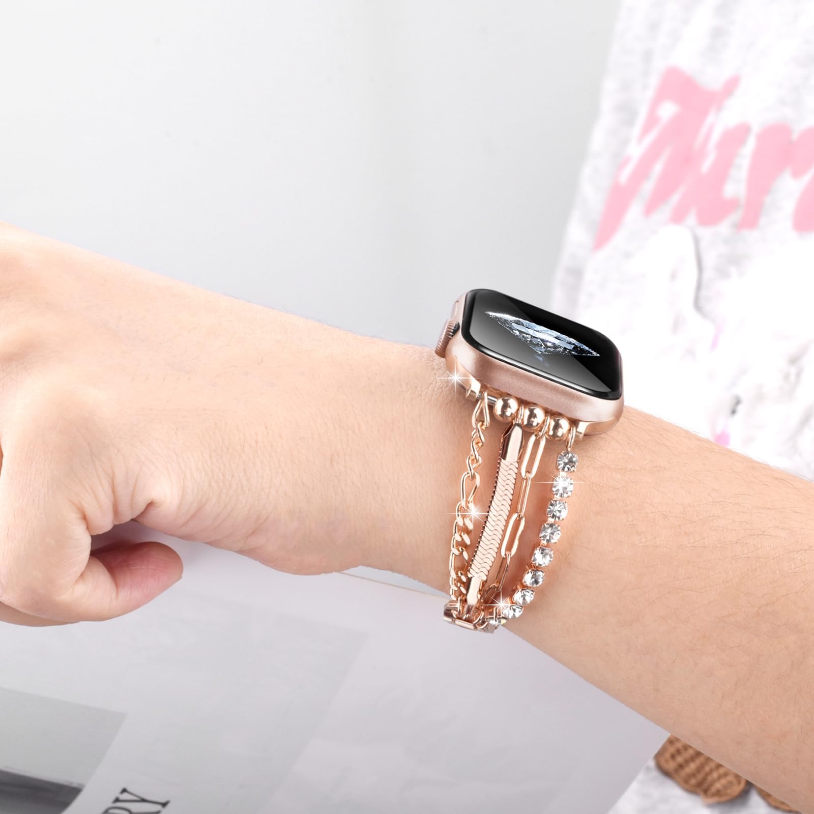V-MORO Apple Watch Band 38mm 40mm 41mm 42mm 44mm 45mm - Women's Slim Metal Chain Bracelet Compatible with iWatch Series 9/8/7/SE/6/5/4/3/2/1 - Elegant Bling Jewelry Replacement Strap for Work, Party & Daily Wear