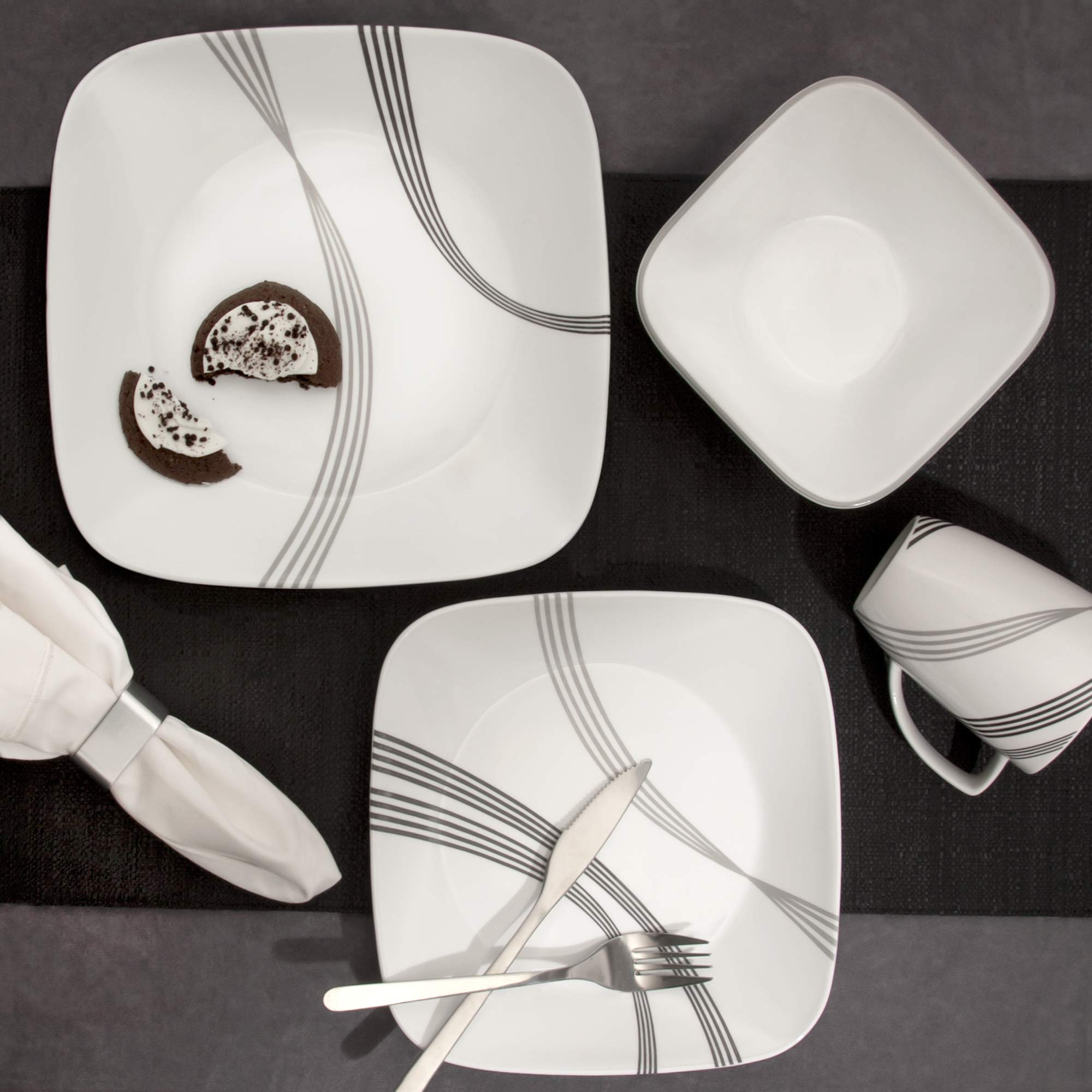 Corelle Boutique Square Urban Arc 16-Piece Dinnerware Set, Service for 4 - Modern Square Plates, Bowls & Mugs - Durable Chip-Resistant Dishware for Everyday Use, Family Dinners & Entertaining Guests