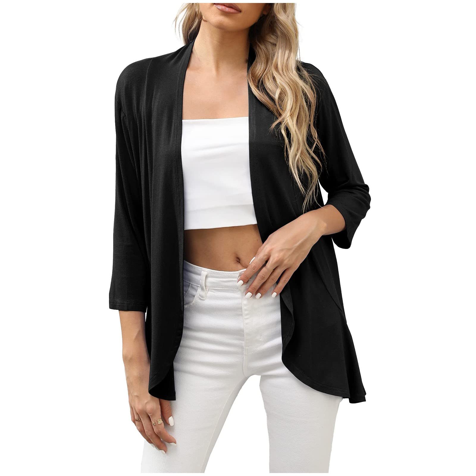 Women's 3/4 Sleeve Casual Cardigan Top - Trendy Plain Knit Sweater for Everyday Wear | Office, Lounge & Outfit Layering Essential