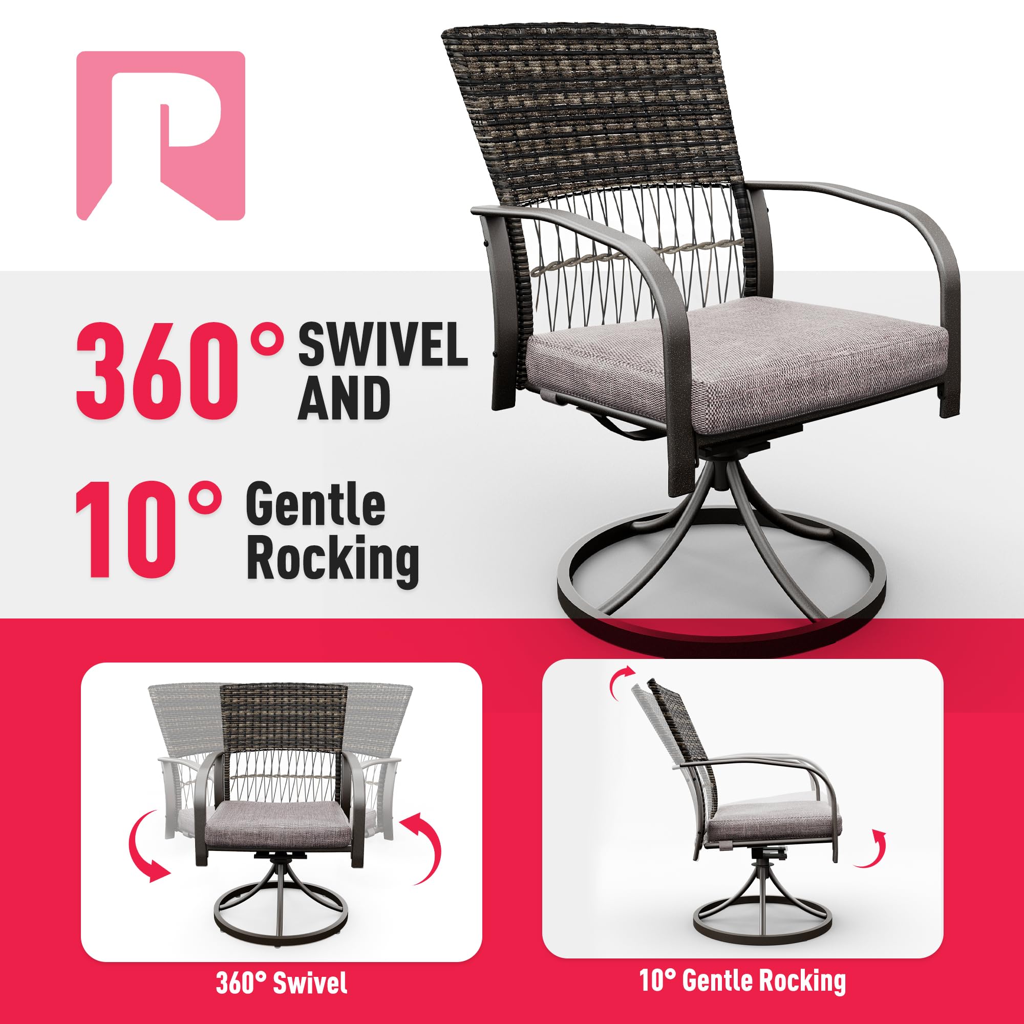 Pamapic 7-Piece Outdoor Dining Set - Rattan Patio Furniture with Iron Table, 4 Swivel Chairs & 2 Wicker Chairs - Removable Cushions (Gray) - Perfect for Backyard, Garden, Poolside & Outdoor Entertaining