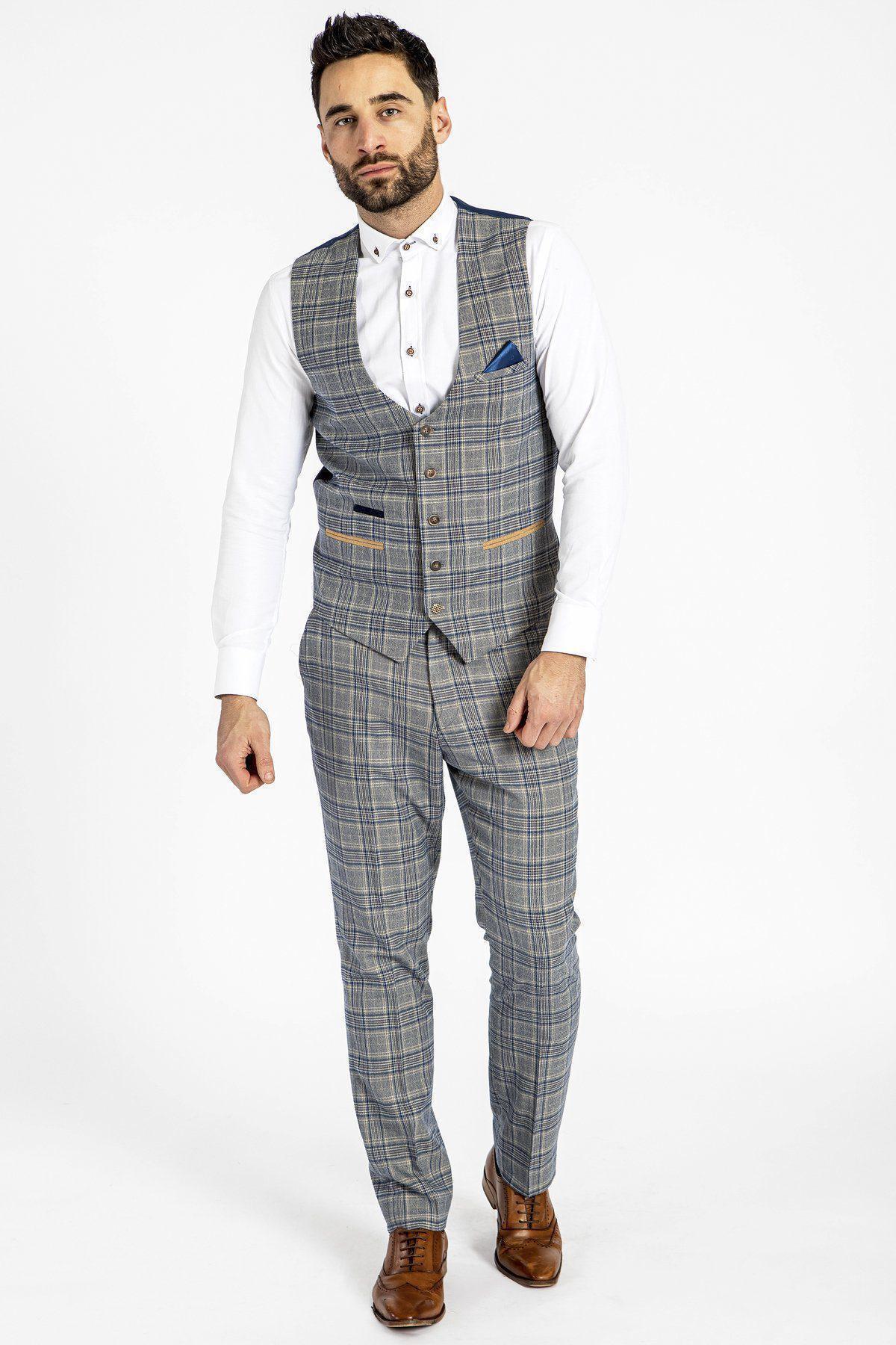 ENZO Sky Stone Check Tweed Single Breasted Waistcoat Vest for Men - Elegant Formal Wear for Weddings, Business Meetings & Special Occasions
