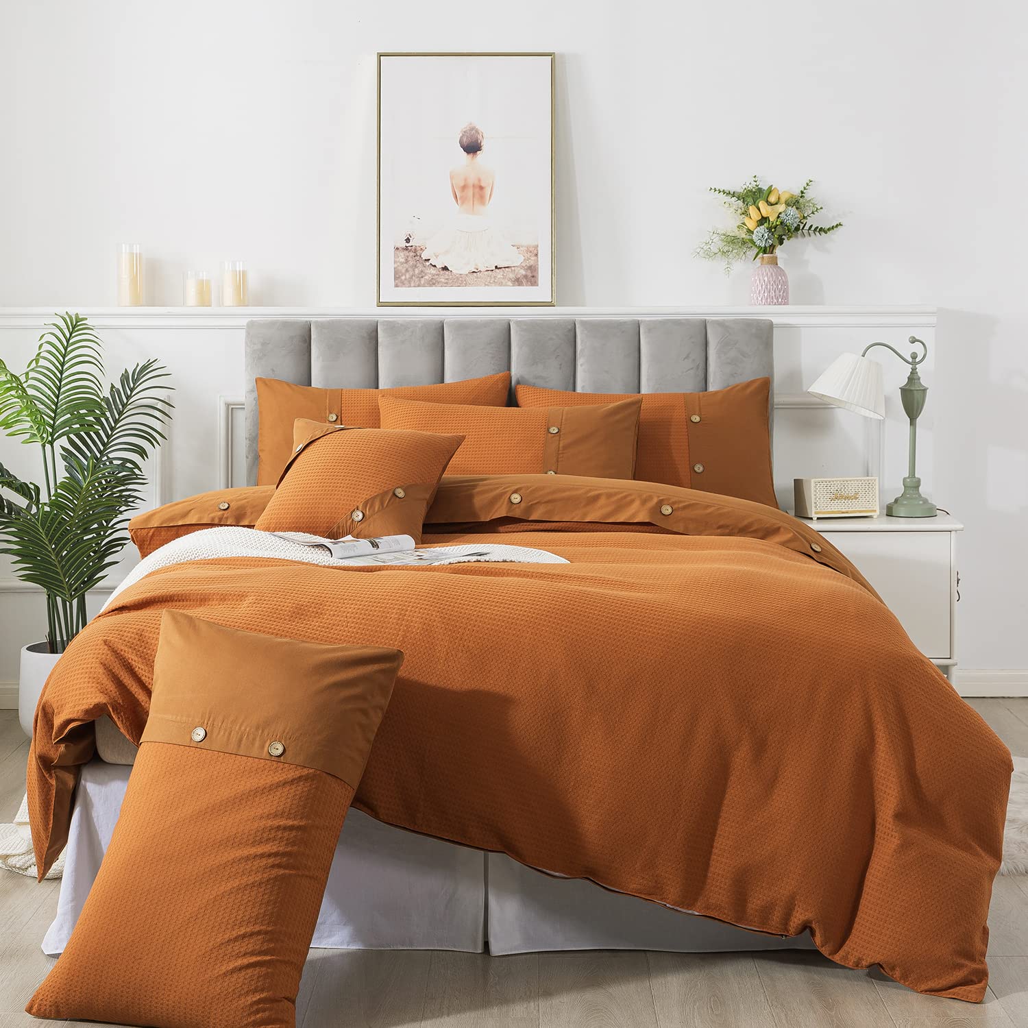 FADFAY Queen Size Burnt Orange Duvet Cover Set - 100% Cotton Waffle Weave Reversible Comforter Cover with Zipper Closure | Luxury Textured Terracotta Bedding | Soft, Breathable 3-Piece Set for All Seasons | Perfect for Master Bedroom, Guest Room & Cozy Home Decor