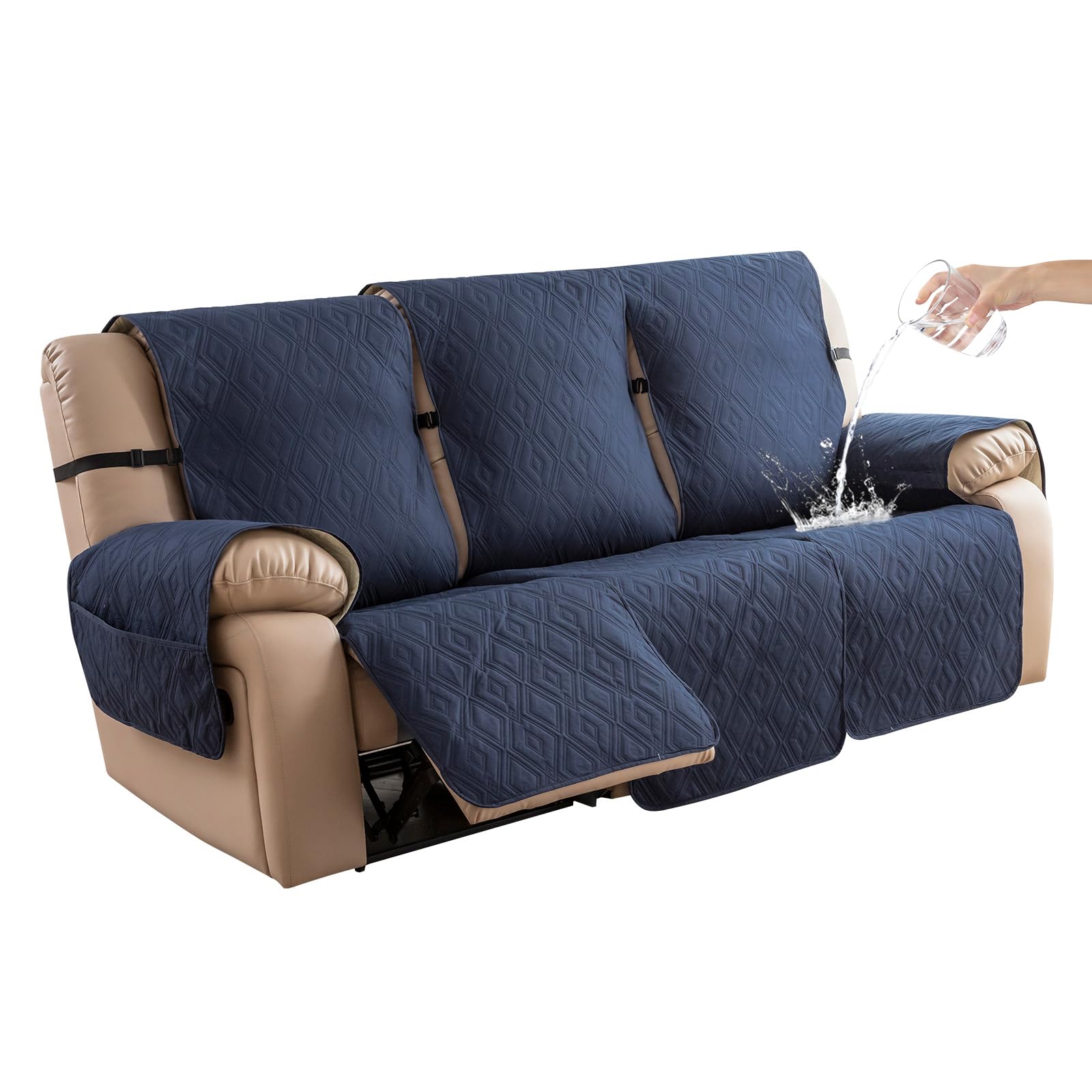 Waterproof Reclining Couch Cover 3-Seater Non-Slip Washable Sofa Protector for Pets & Kids - Navy Blue Furniture Protector for Recliner Sofas - Perfect for Living Room, Family Room & Pet-Friendly Homes