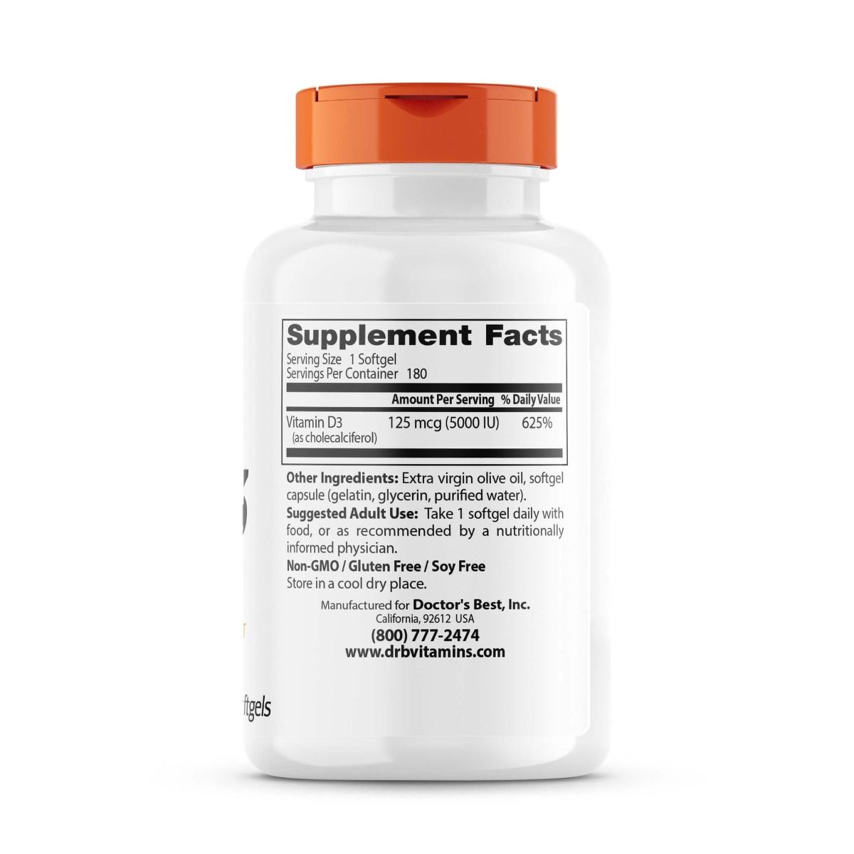 Doctor's Best Vitamin D3 125 mcg (5,000 IU) - 180 Softgels for Immune Support & Bone Health - Essential Supplement for Adults & Seniors - Perfect for Daily Wellness & Winter Months