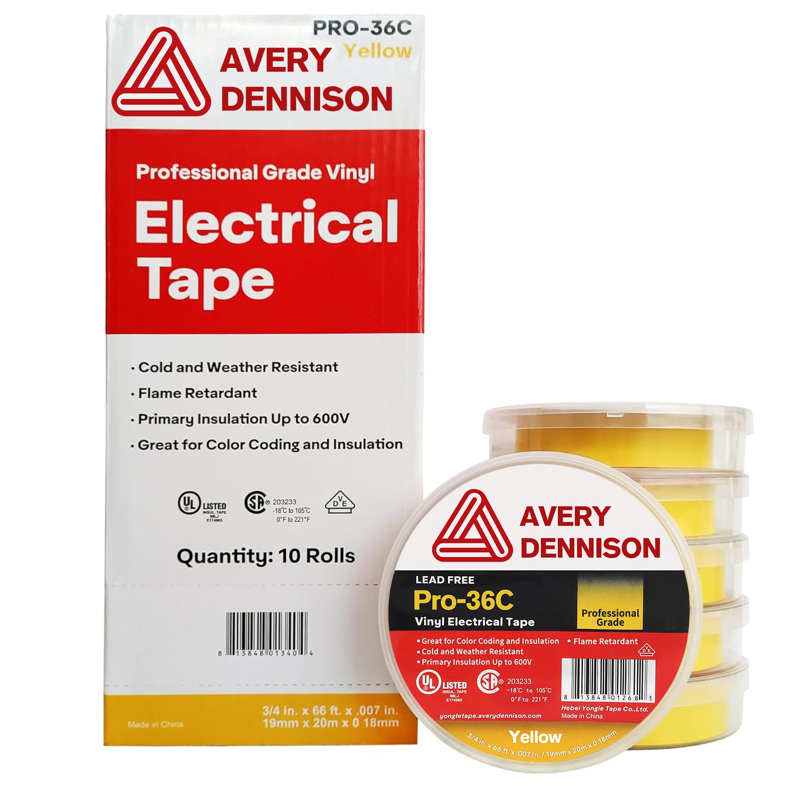 Professional Grade PVC Electrical Tape - UL/CSA Listed Insulating Vinyl Tape for Electrical Repairs, Automotive & Equipment (3/4 in x 66 ft, Yellow, 10 Rolls) - Ideal for Wiring, Harness Protection & DIY Projects