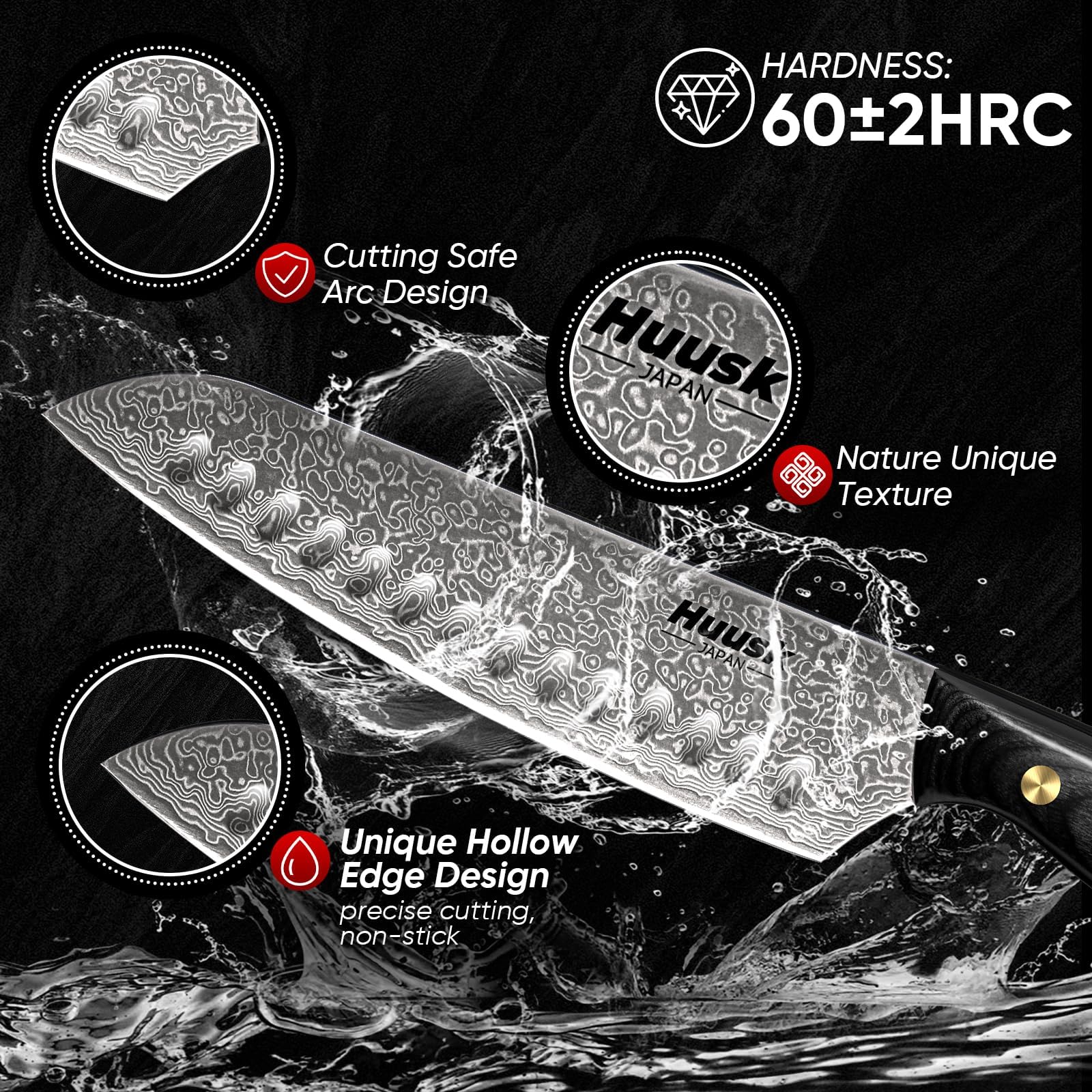 Premium Huusk Damascus Chef Knife Set 3-Piece - VG10 Santoku Knife, Utility Knife & Paring Knife with Ebony Handle - Professional Japanese Steel Kitchen Knives for Meat, Vegetables, Fruits - Perfect Gift for Dad, Mom & Home Chefs - Ideal for Cooking, Slicing, Dicing & Food Prep