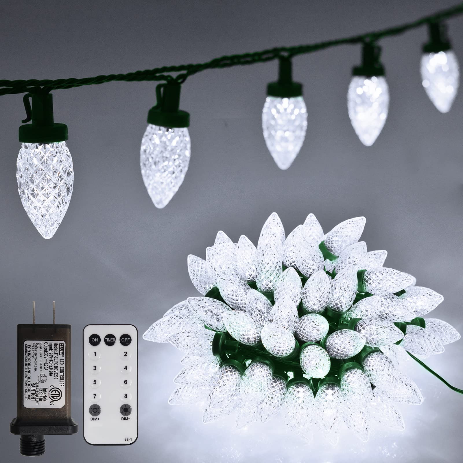 C9 Christmas Lights 66ft 100 LED Strawberry String Lights - Waterproof Outdoor Christmas Decor for Roof, Eaves, Garden & Yard - UL Certified Green Wire with Cool White LEDs - Perfect for Holiday, Wedding & Party Decorations