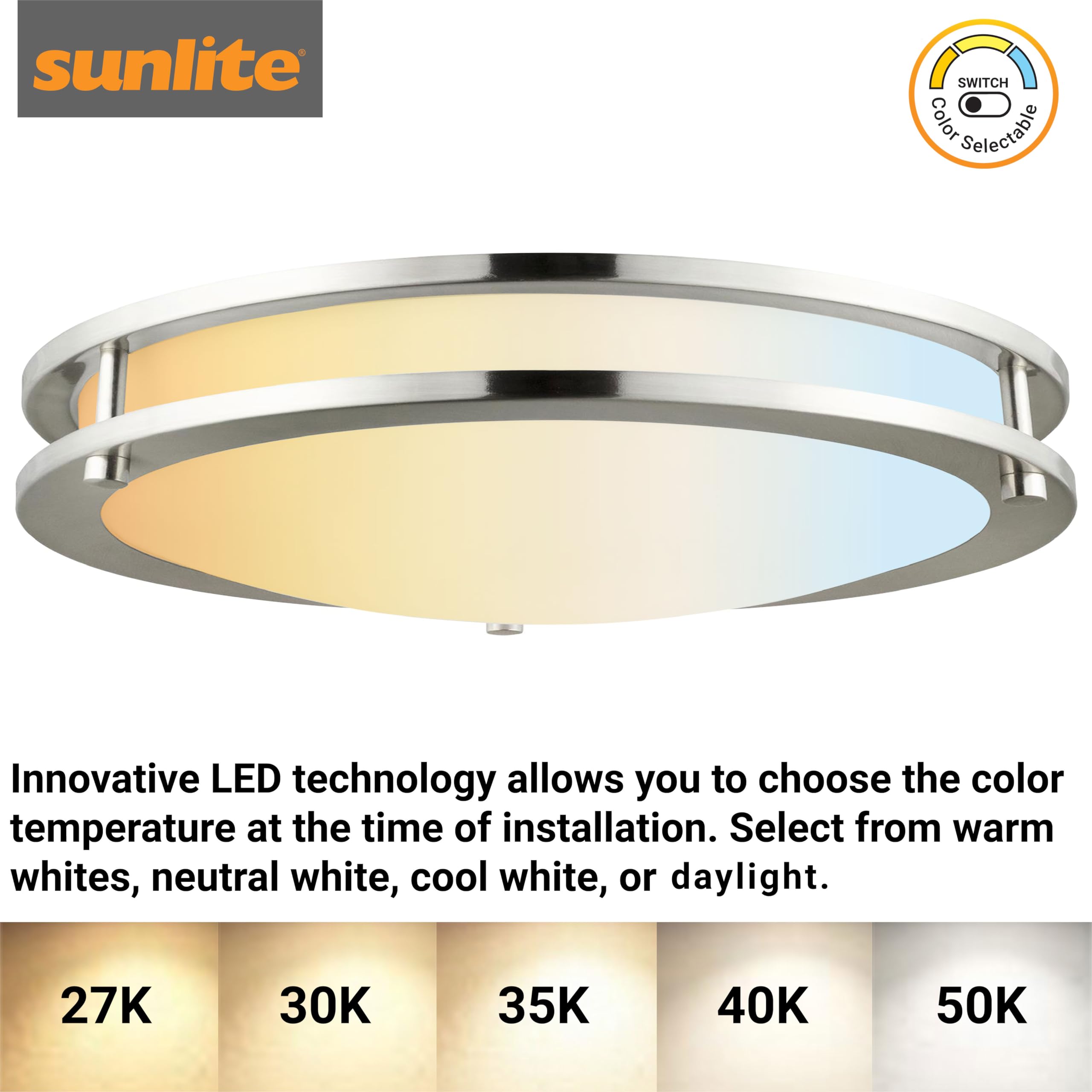 Sunlite 87773 18-Inch LED Flush Mount Ceiling Light Fixture - 28W (100W Equivalent), 2000 Lumens, Adjustable CCT 2700K-5000K, Dimmable, 50K Hours Lifespan, Brushed Nickel - Perfect for Bedroom, Kitchen, Hallway & Office Lighting