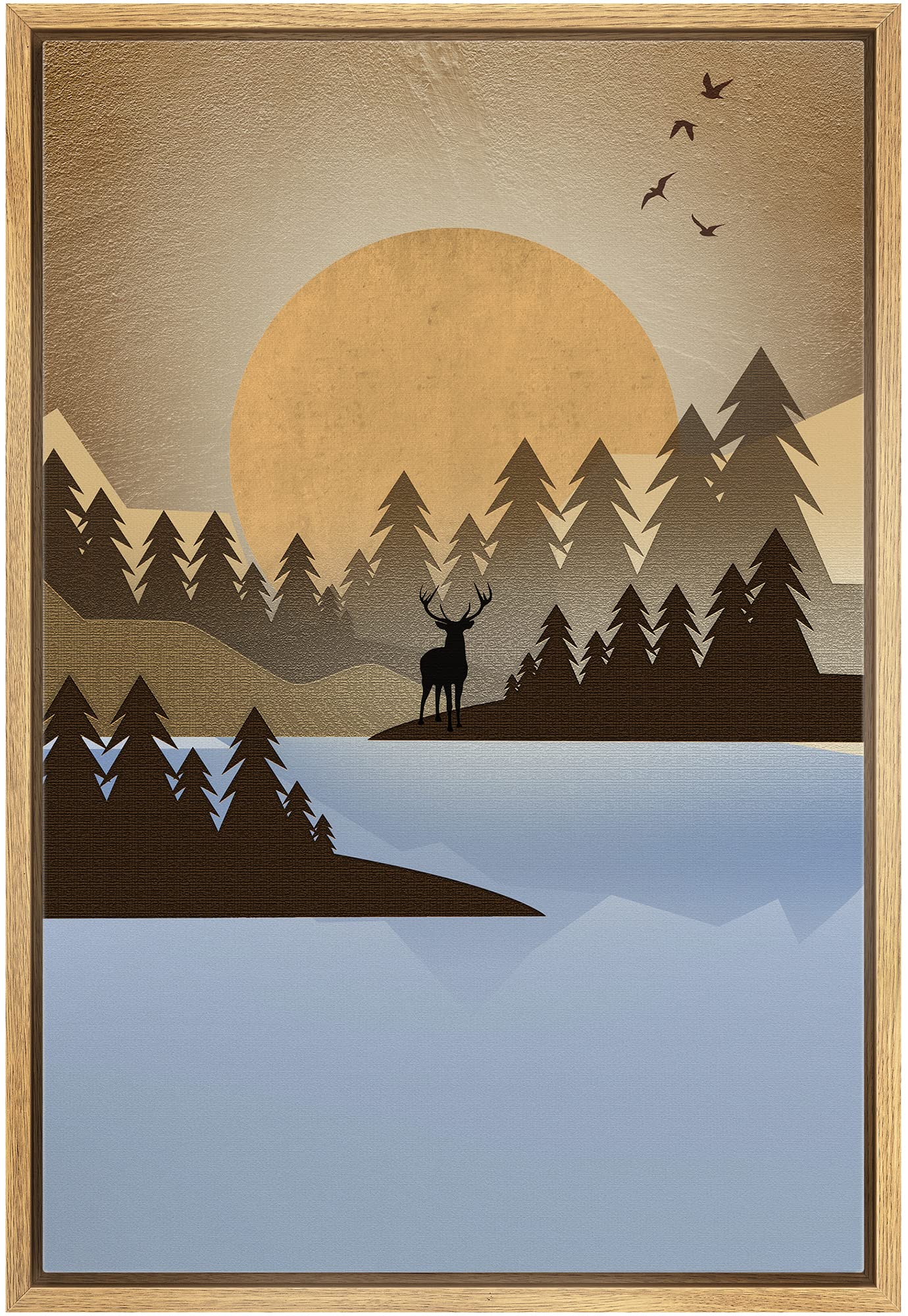 IDEA4WALL Framed Canvas Print - Woodland Nursery Decor with Full Moon Over Elk & Forest Abstract Wilderness Illustrations - Modern Art for Living Room, Bedroom, Office - 16