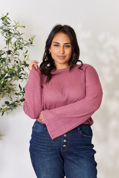 Culture Code Women's Full Size Waffle Knit Round Neck Long Sleeve Blouse - Soft Casual Shirt for Work, Date Night & Fall Layering
