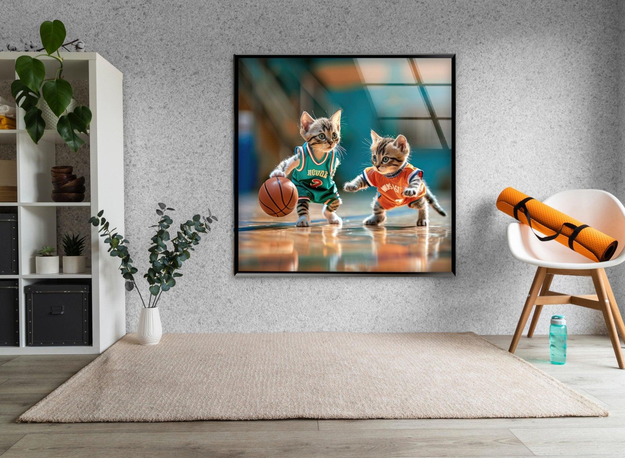 Basketball Player Cats Glass Wall Art - Unique Sports Decor for Cat Lovers - Perfect for Living Room, Bedroom, or Game Room Decorations
