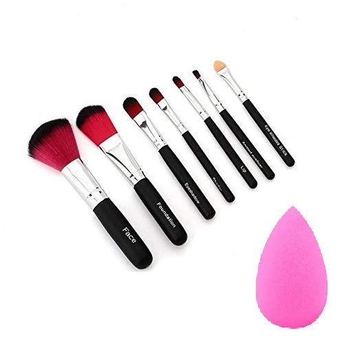 Angelie Professional Makeup Brush Set with Storage Box & Sponge Puff - 7 Piece Black Cosmetic Brush Kit for Foundation, Blending, Contouring | Perfect for Travel & Everyday Makeup Application