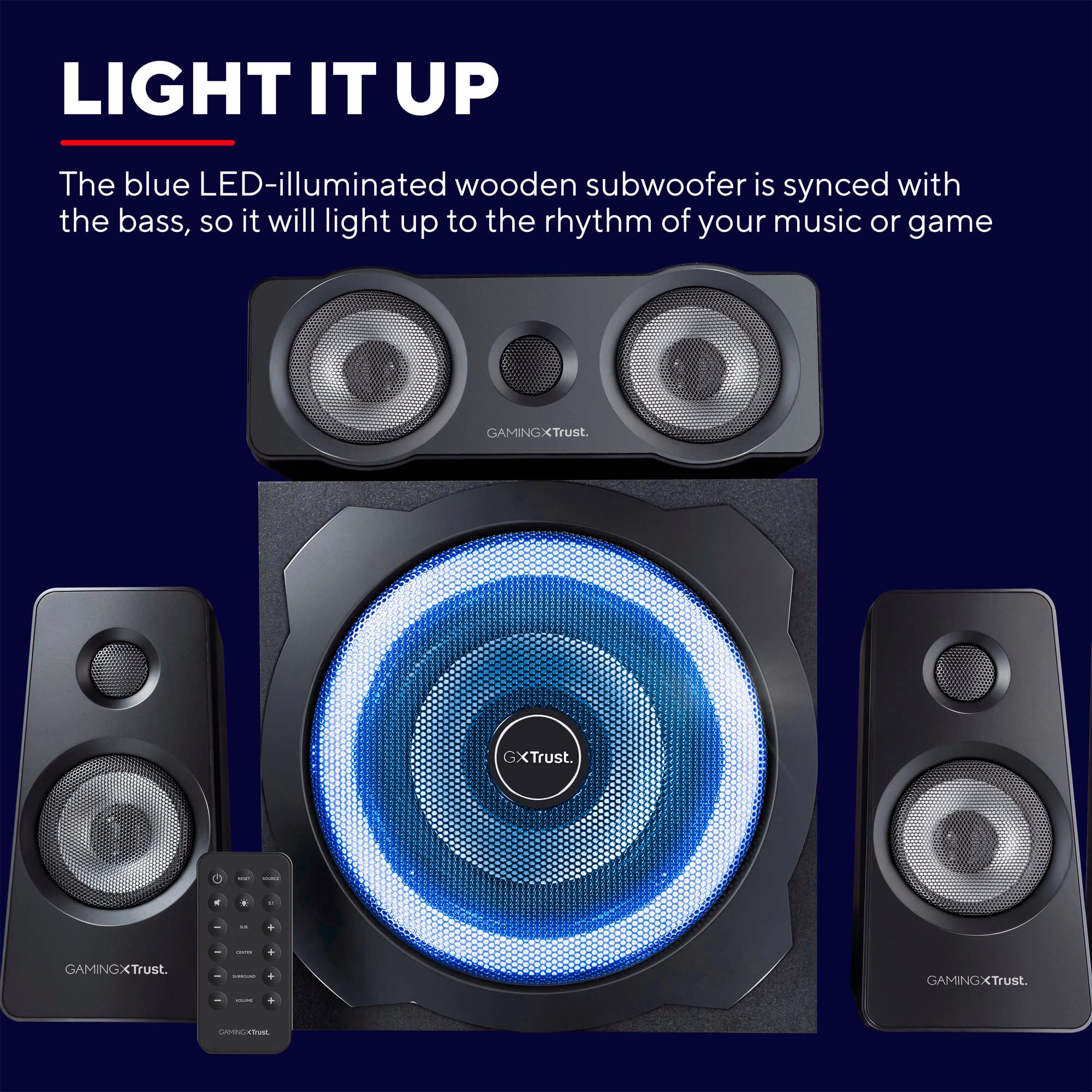Trust Gaming GXT 658 Tytan 5.1 Surround Sound PC Speaker System with Subwoofer & LED Lighting - 180W (90W RMS) Black - Perfect for Gaming, Movies, Music on PC, Laptop, Console & TV