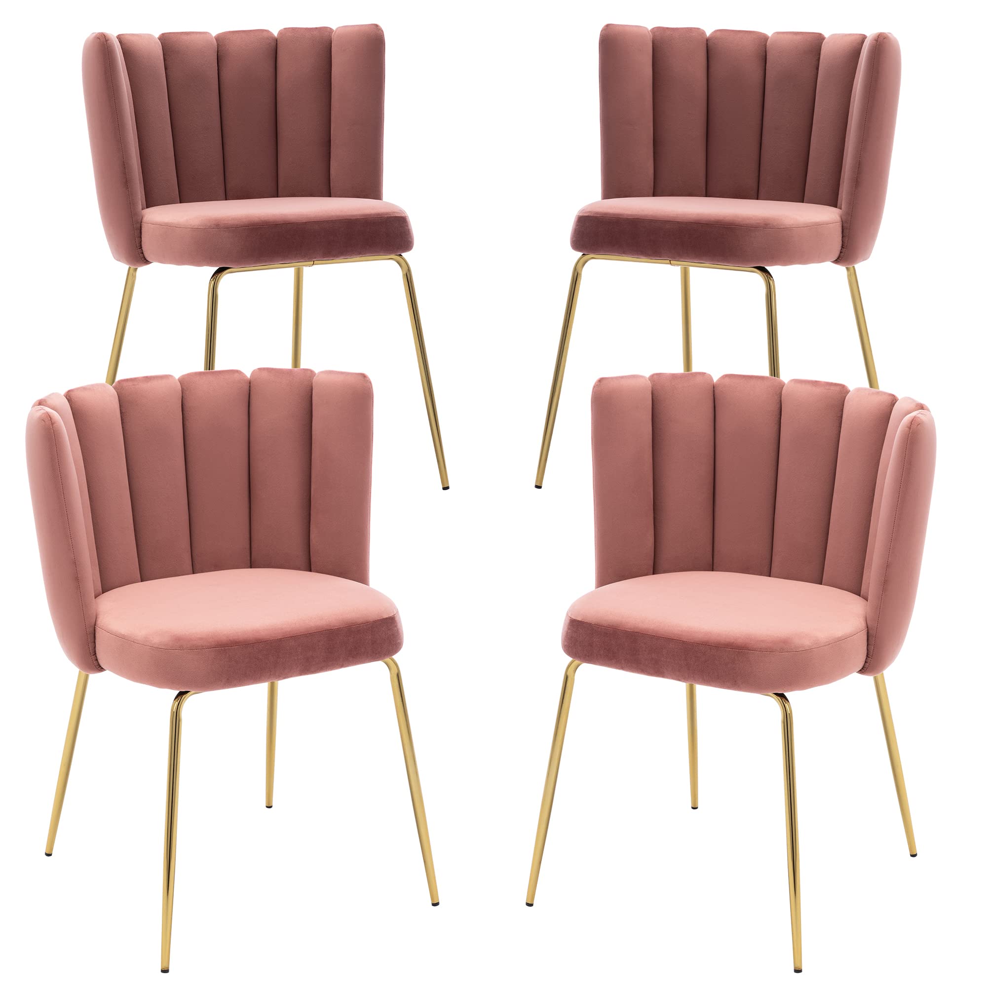 Set of 4 Modern Velvet Upholstered Barrel Dining Chairs with Gold Metal Legs - Pink Accent Chairs for Home, Kitchen, Living Room & Restaurant | Perfect for Dining Sets, Breakfast Nooks & Bistro Decor