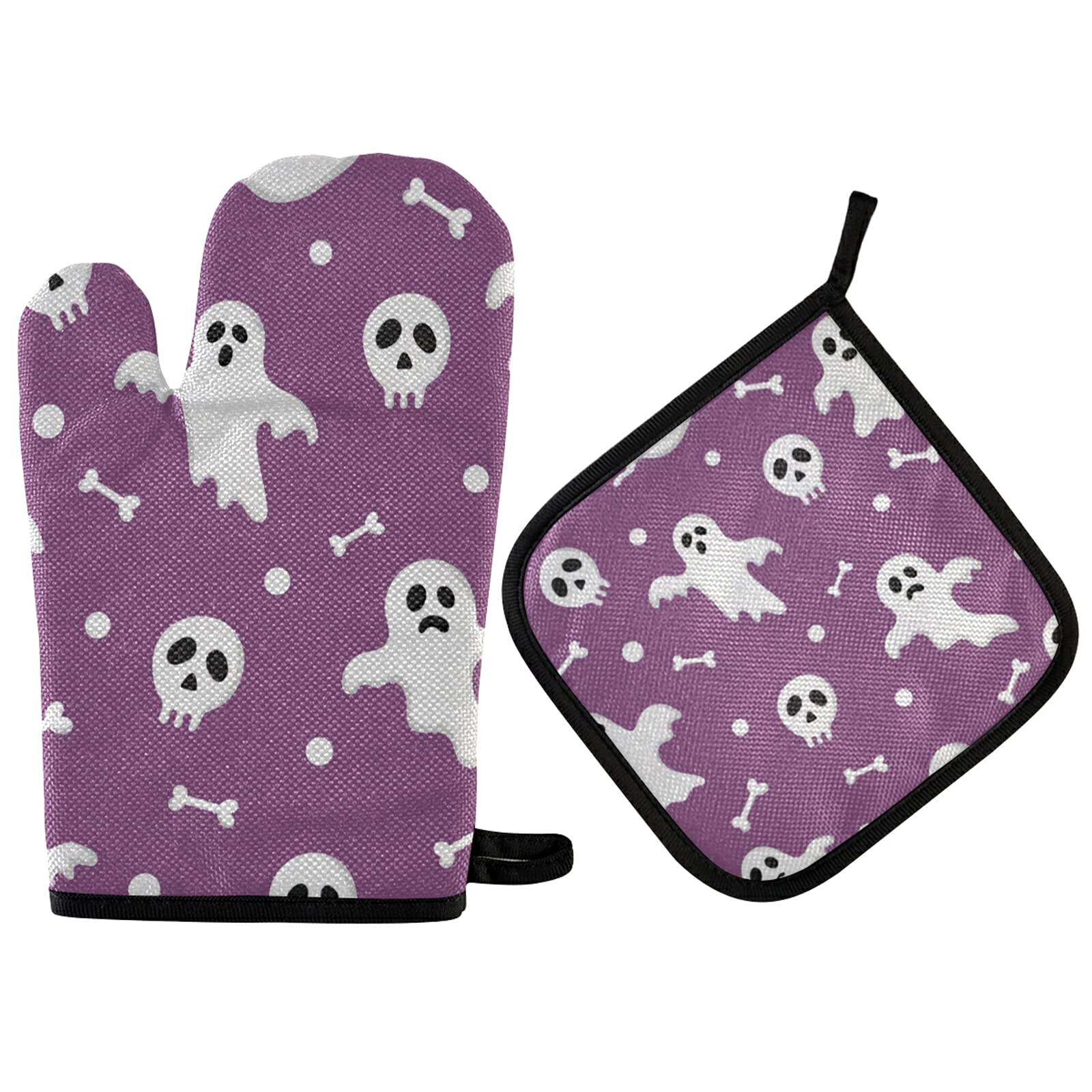 Emelivor Heat Resistant Oven Mitts & Pot Holders Set - Non-Slip Kitchen Gloves for Cooking, Baking, Grilling - Cute Ghost Bone Halloween Design - Perfect for Holiday Cooking, BBQ Parties & Home Kitchen Use