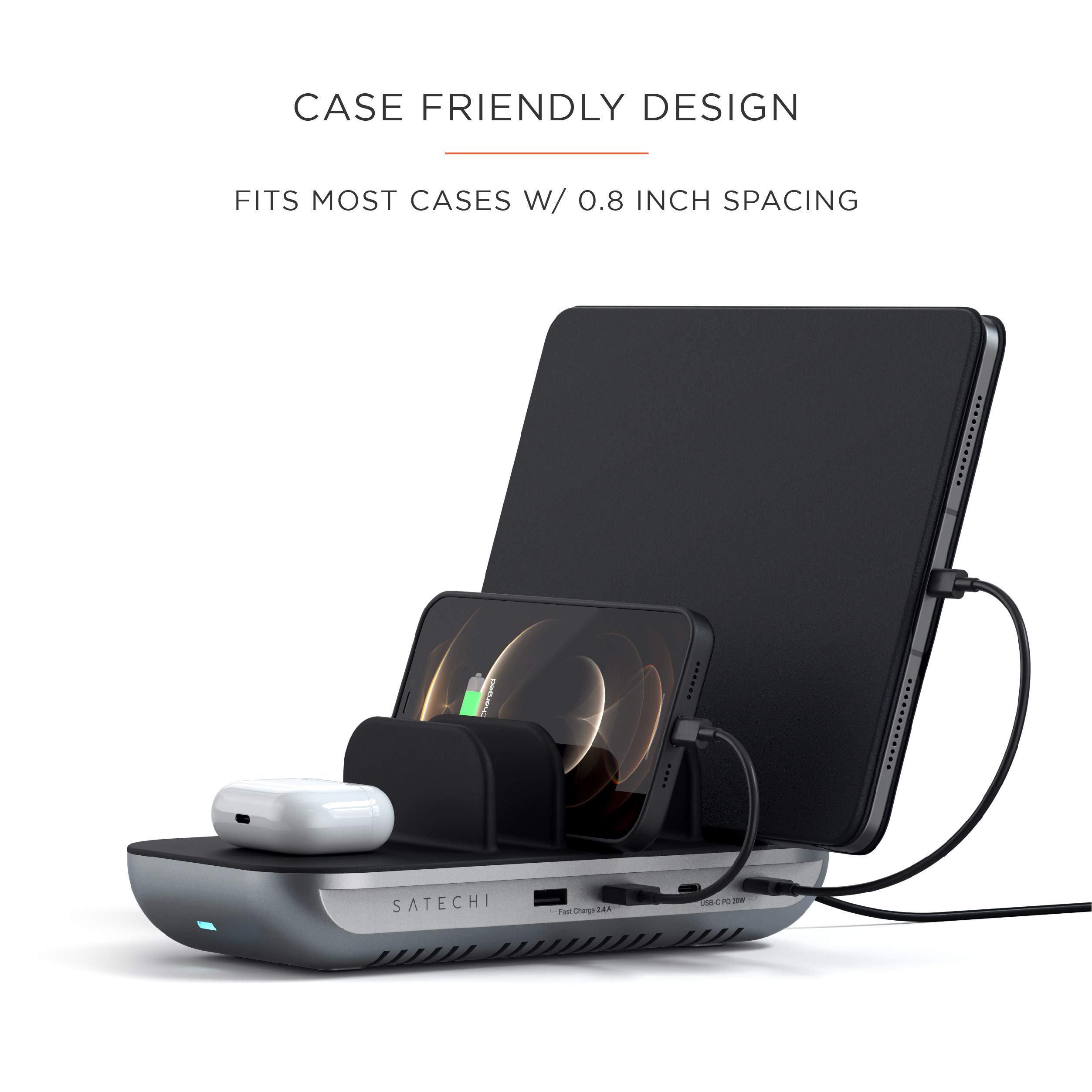 Satechi 5-in-1 Multi Device Charging Station with Fast Wireless Charging Pad - Compatible with iPad Pro/Air/Mini, iPhone 16/15/14/13/12/11, AirPods 3rd Gen & More - Perfect for Home Office, Nightstand & Travel Organization