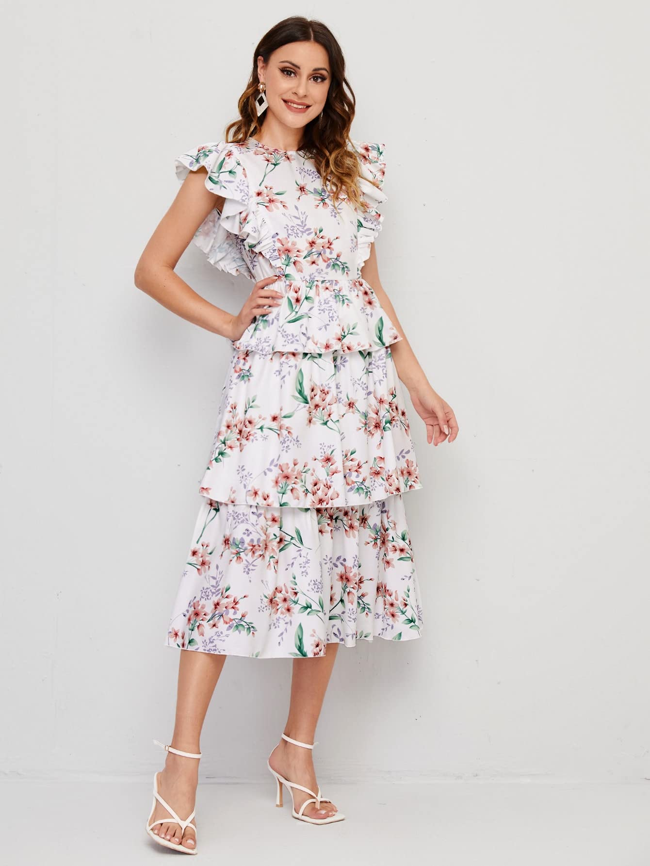 OFUNGO Women's Floral Ruffle Sleeve Belted Dress with Layered Hem - X-Small | Summer Casual, Party, Wedding Guest & Office Wear