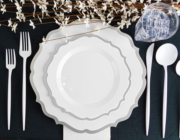 32-Piece Round Plastic Dinnerware Set - White & Silver Combo (Serves 16) - Elegant Disposable Plates, Bowls, Forks, Knives & Spoons for Parties, Weddings, Picnics & Outdoor Events