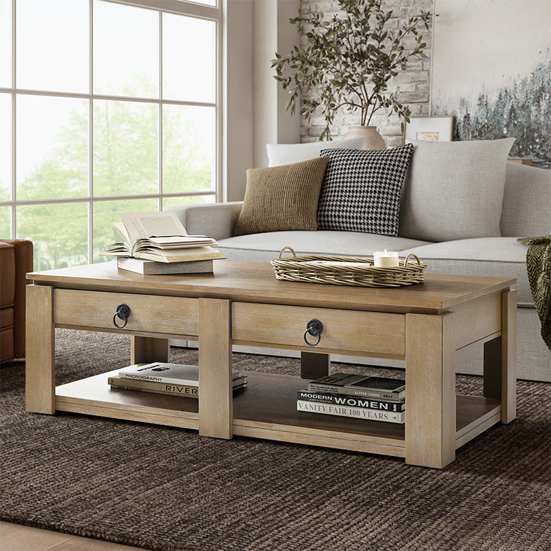 Modern Farmhouse Coffee Table with Solid Wood Legs - Rustic Chic Living Room Centerpiece for Home Decor & Cozy Gatherings
