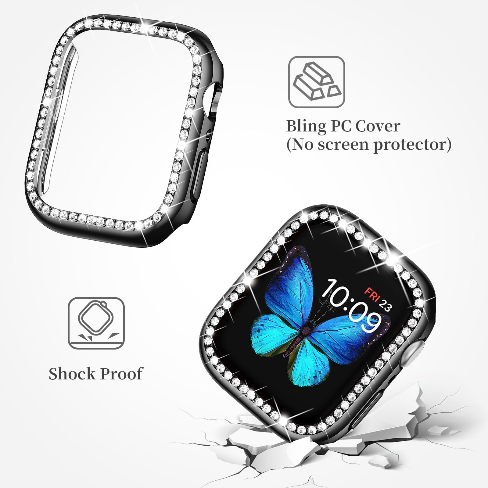 SUPOIX Luxury Bling Diamond Metal Band & 2-Pack Protective Case for Apple Watch Series 9/8/7 41mm - Elegant Jewelry Watch Accessory for Women, Perfect for Daily Wear, Work & Special Occasions (Black)