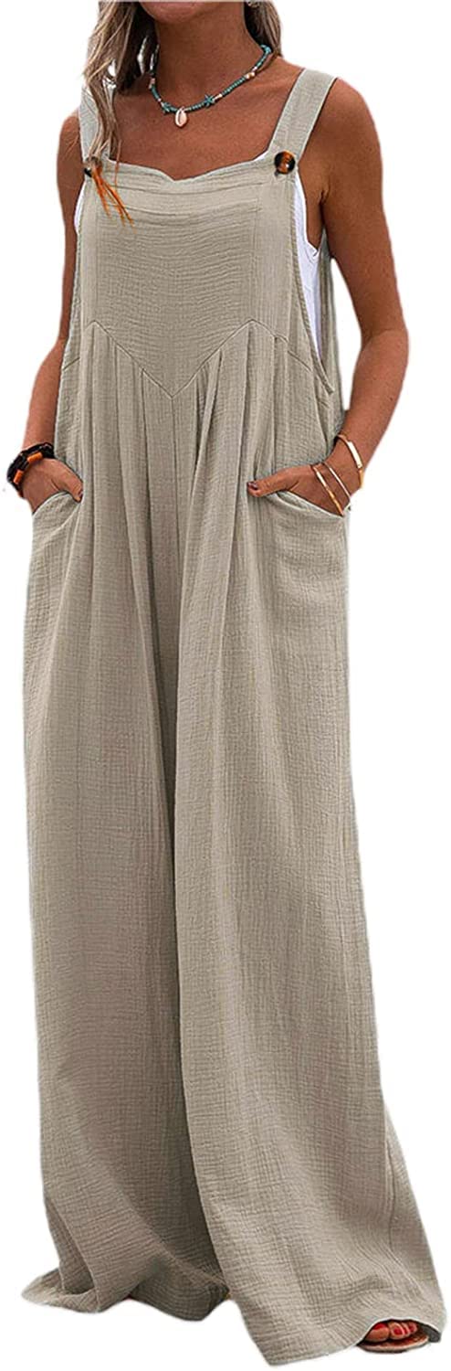 Women's Wide Leg Overalls - Sleeveless Jumpsuit with Suspenders | Loose, Comfortable & Baggy Button Romper with Pockets | Perfect for Casual Outings, Summer Wear & Boho Fashion