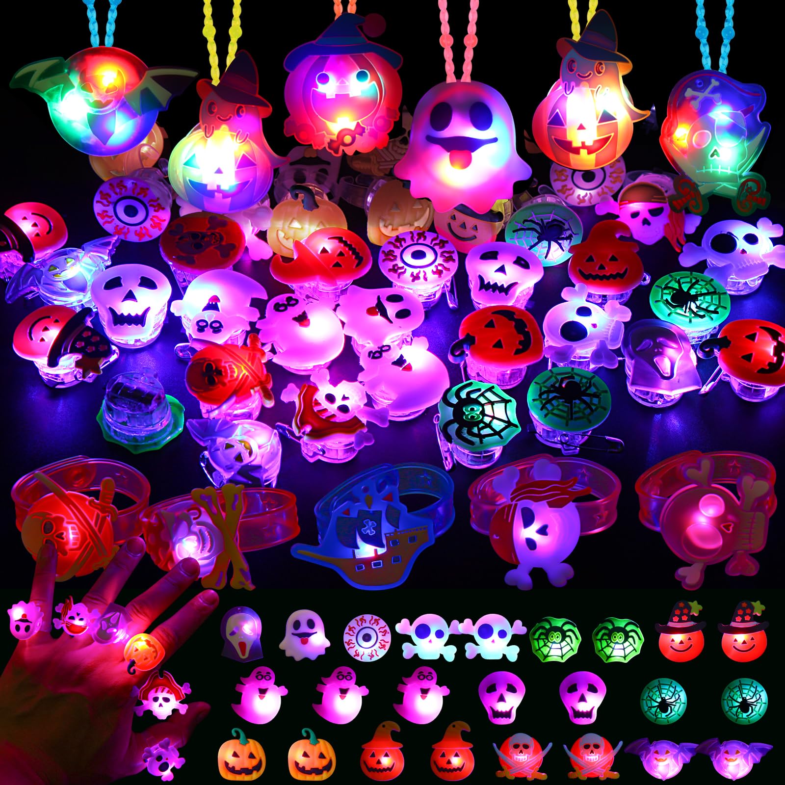 **DIYASY 63 Pcs Halloween Party Favors Set - LED Light Up Rings, Necklaces, Bracelets & Brooches Glow Toys for Kids - Bulk Party Supplies & Decorations for Trick or Treat, Costume Parties & Night Events**