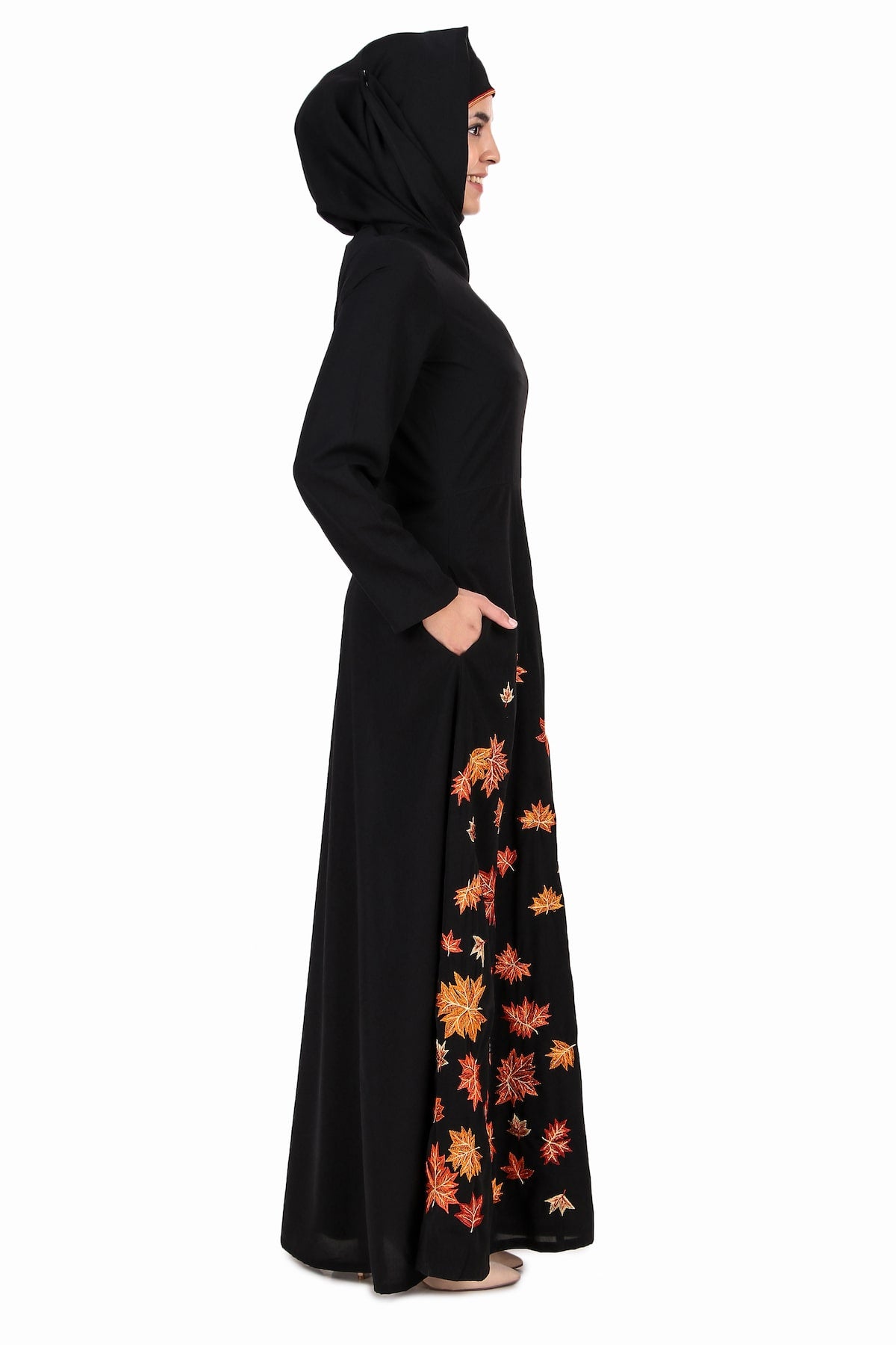 Elegant Falling Leaf Embroidery Flared Abaya Dress - Muslim Women's Long Sleeve Maxi Dress for Prayer, Mosque & Special Occasions