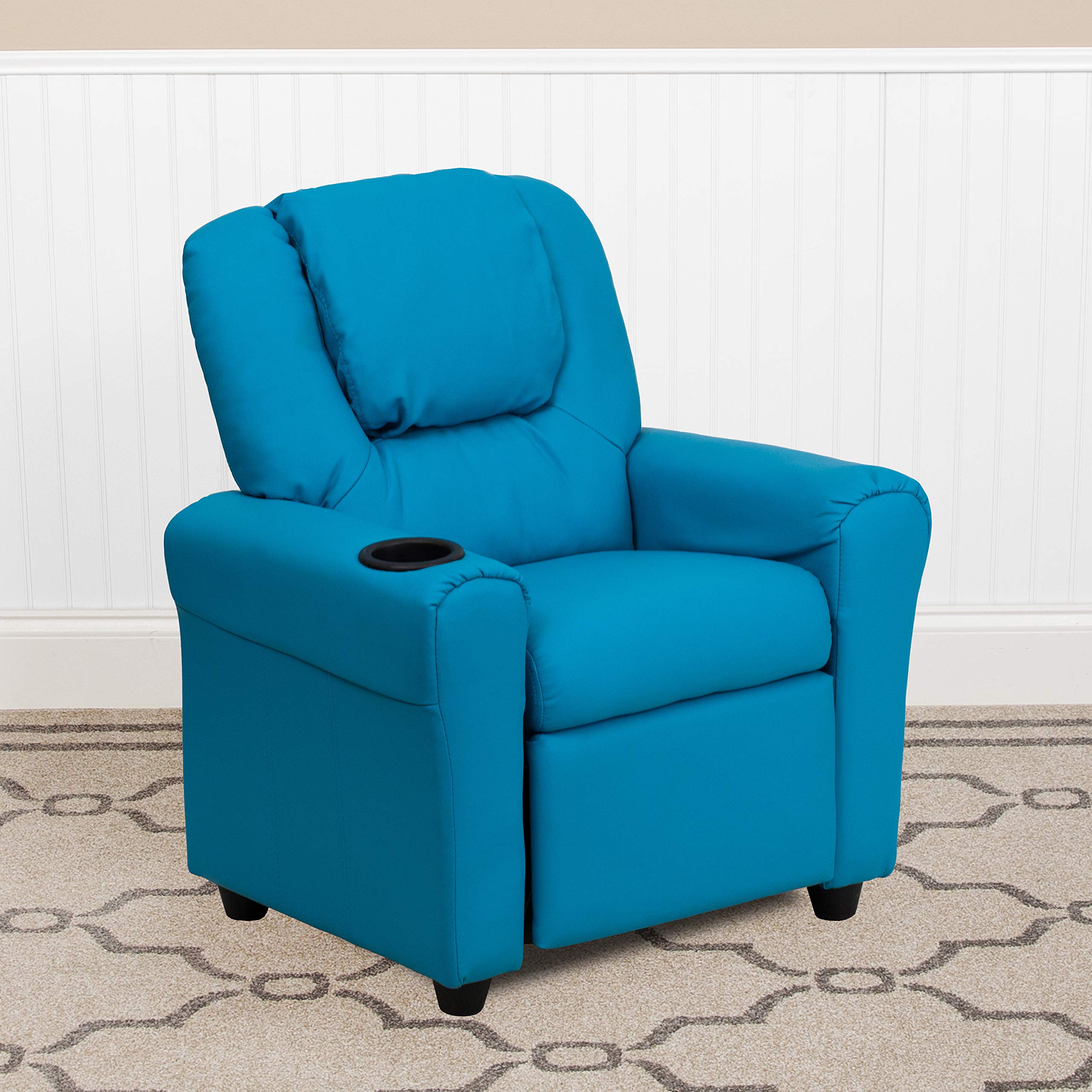 Turquoise Vinyl Kids Recliner Chair with Cup Holder & Headrest - Comfortable Lounge Chair for Boys & Girls - Perfect for Bedroom, Playroom, or Movie Night
