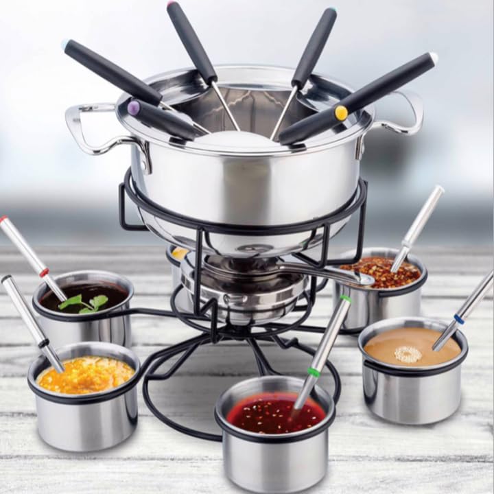 Premium Stainless Steel Chocolate Melting Pot & Cheese Fondue Set - 6 Forks & Spoons Included - Perfect for Chocolate Tempering, Candy Making, Party Dips & Family Dessert Nights