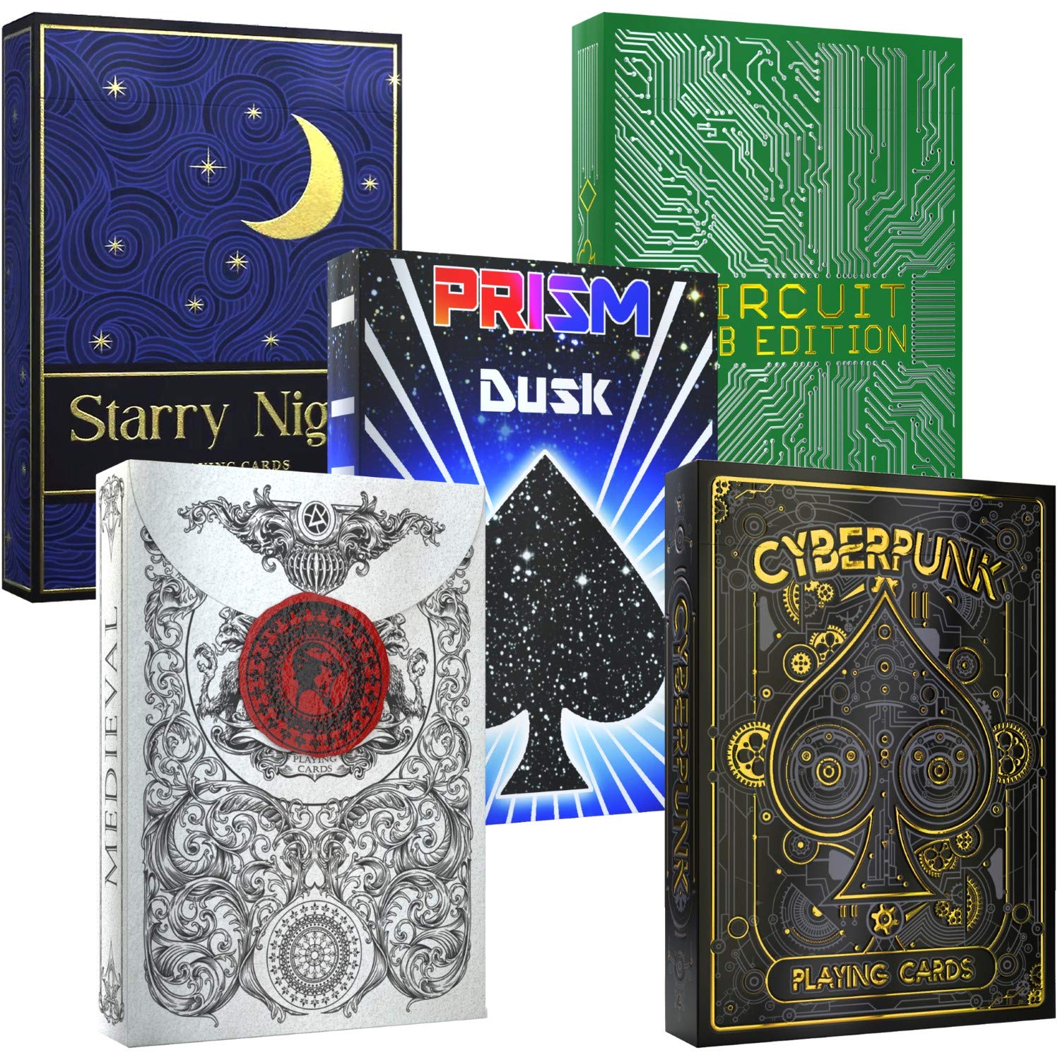 Cyberpunk Gold & Medieval Black & Prism Dusk & Circuit PCB & Starry Night Premium Playing Cards Bundle - 5 Deck Set with 20% Discount | High-Quality Poker Cards for Game Nights, Magic Tricks & Collectors
