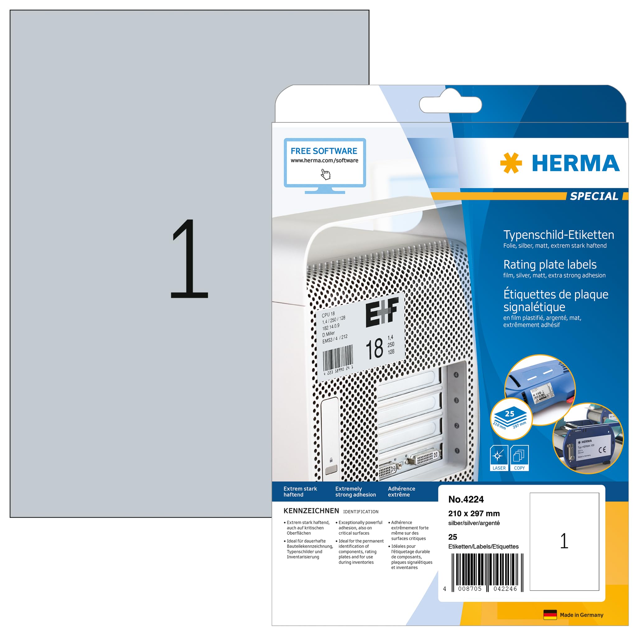 HERMA Self Adhesive Name Plate Film Labels - 25 Sheets (1 Label per A4 Sheet, 210x297mm) - Weatherproof Metallic Silver Stickers for Laser & Inkjet Printers - Perfect for Office Organization, Equipment Labeling & Industrial Use