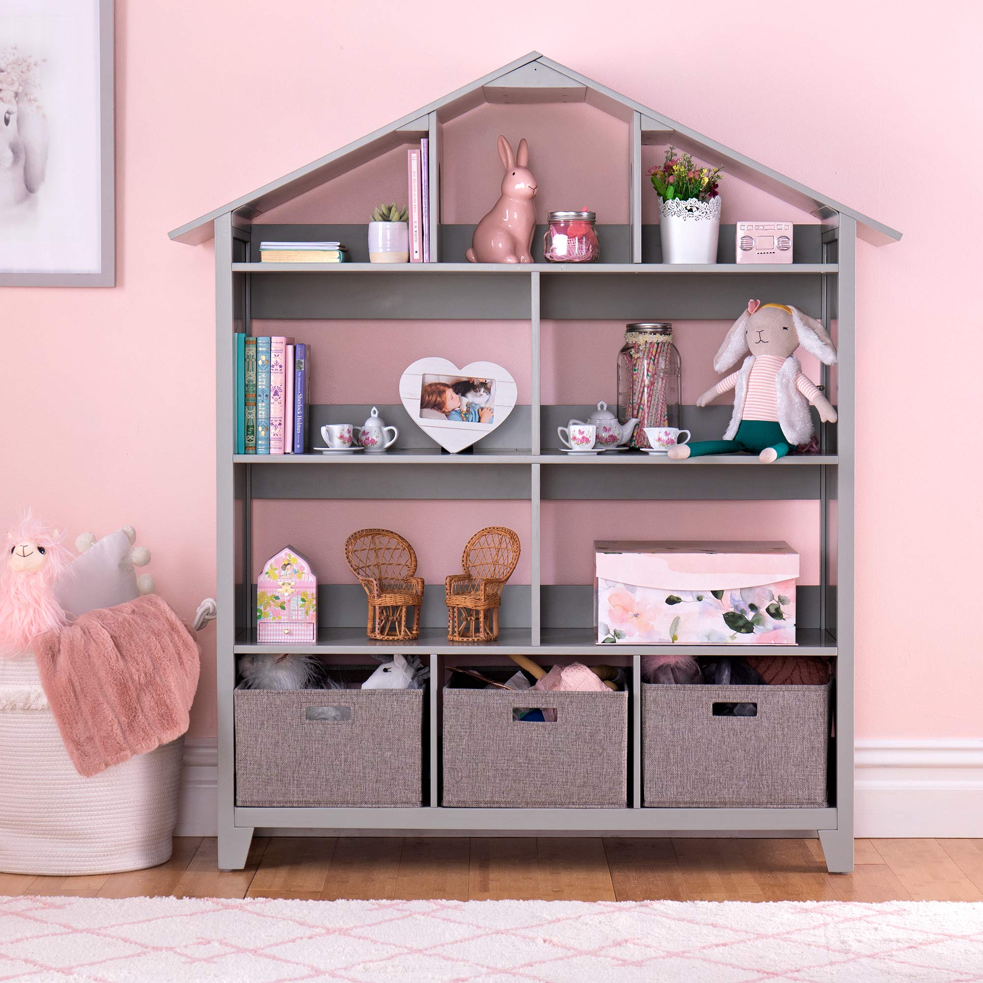 Martha Stewart Kids' Deluxe Dollhouse Bookcase - Gray: Large Wooden Storage Organizer for Books, Dolls & Toys | Children's Bookshelf for Bedroom, Playroom & Nursery | Perfect for Organizing Kids' Rooms & Play Areas