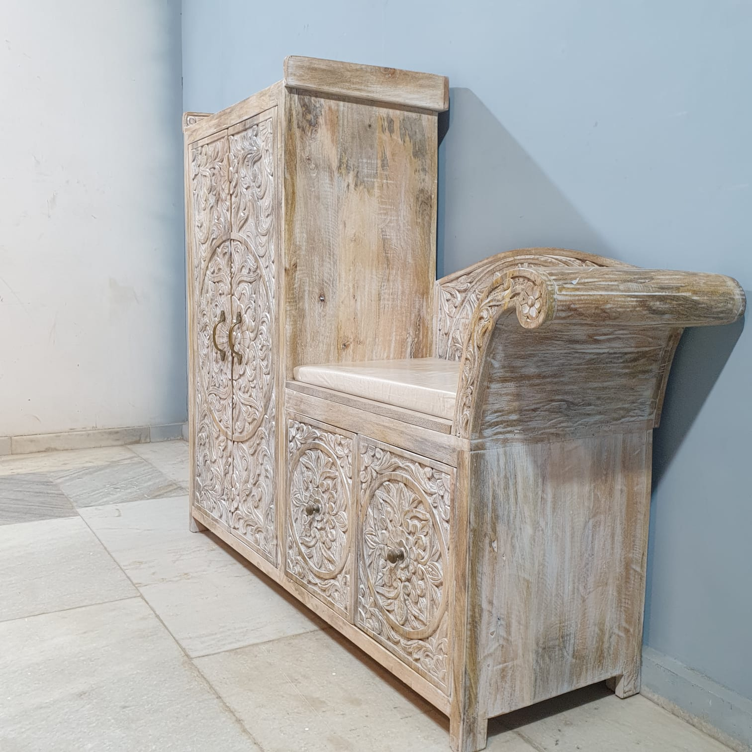 Handcrafted Solid Wood Indian Carved Seat Bench 140x120cm - Whitewash Finish for Boho & Farmhouse Decor | Perfect for Living Room, Bedroom, or Entryway