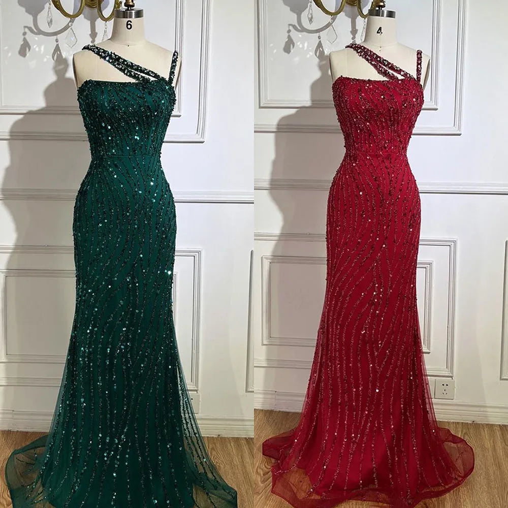 Elegant Beaded One Shoulder Mermaid Evening Gown for Women - Serene Hill Green Luxury Red Prom Dress for Wedding Party & Special Occasions | Perfect for 2025 Formal Events, Galas and Red Carpet