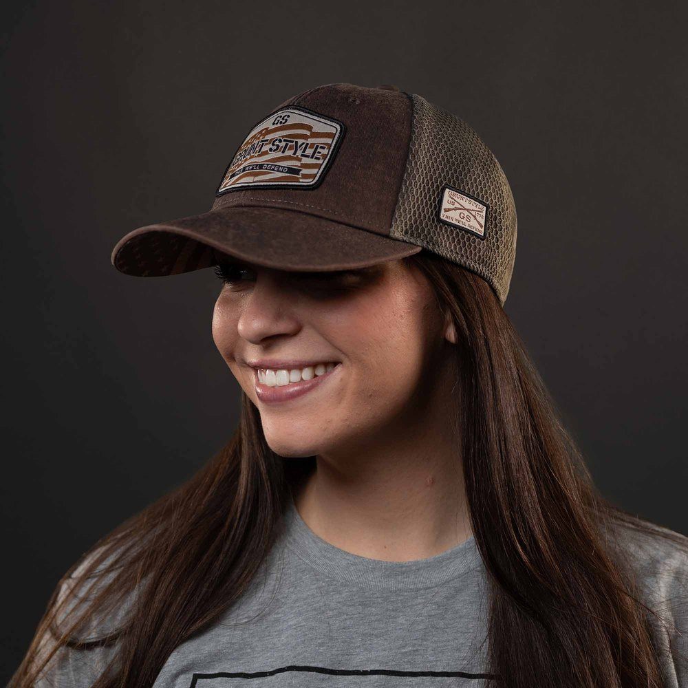 Old Glory Patch Mesh Hat - Adjustable Brown Washed Baseball Cap for Men & Women - Perfect for Outdoor Activities, Sports, and Casual Wear
